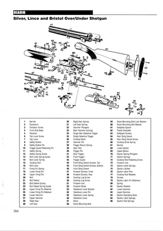 Silver, Lince and Bristol OverIUnder Shotgun
1 Barrels 30 Right Sear Spring 59 Stock Mounting Bolt Lock Washer
2 Extractors 31 Left Sear Spring 60 Stock Mounting Bolt Washer
3 Extractor Screw 32 Hammer Plungers 61 Buttplate Spacer
4 Front Side Bead 33 Main Hammer Springs 62 Plastic Buttplate
5 Receiver 34 Single Non-Selective Trigger 63 Buttplate Screws
6 Top Lever Screw 35 Single Selective Trigger 64 Rear Sling Swivel
7 Top Lever 36 Cocking Block 65 Rear Sling Swivel Screw
8 Safety Button 37 Hammer Pin 66 Cocking Block Spring
9 Safety Button Pin 38 Trigger Return Spring 67 Barrels
10 Trigger Guard Retaining Pin 39 Sear Pins 68 Lower Ejector
11 Safety Spring 40 Trigger Pin 69 Upper Ejector
12 Safety Spring Screw 41 Rear Trigger 70 Ejector Spring Plungers
13 Bolt Lever Spring Guide 42 Front Trigger 71 Ejector Springs
14 Bolt Lever Spring 43 Trigger Guard 72 Cocking Rod Retaining Screw
15 Cocking Rod 44 Front Sling Swivel Screws, Top 73 Forearm Iron
16 Bolt Lever 45 Front Sling Swivel Screws, Bottom 74 Ejector Latch Springs
17 Firing Pin Spring 46 Front Sling Swivel 75 Ejector Latches
18 Lower Firing Pin 47 Forearm Screws, Front 76 Ejector Latch Pins
19 Upper Firing Pin 48 Forearm Screws, Rear 77 Cocking Rod Retainer
20 Bolt 49 Cocking Log Screw 78 Screws
21 Bolt Detent 50 Cocking Log Screw 79 Ejector Latch Pin Retainers
22 Bolt Detent Spring 51 Forearm Iron 80 Spring
23 Bolt Detent Spring Guide 52 Forearm Stock 81 Ejector Retainer
24 Upper Firing Pin Retainer 53 Takedown Lever Bracket 82 Lower Hammer
25 Lower Firing Pin Retainer 54 Takedown Lever Pin 83 Upper Hammer
26 Lower Hammer 55 Takedown Lever Spring 84 Ejector Operating Rods
27 Upper Hammer 56 Takedown Lever 85 Ejector Latch Springs
28 Right Sear 57 Stock 86 Ejector Rod Springs
29 Left Sear 58 Stock Mounting Bolt
 