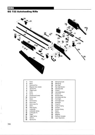EG 722 Autoloading Rifle
1 Frame 24 Mainspring Guide
2 Barrel 25 Mainspring
3 Cylindrical Pins 26 Rear Sight
4 Magazine Tube, Outside 27 Rear Sight Elevator
5 Tapered Pins 28 Operating Slide
6 Trigger Guard 29 Forearm
7 Screw 30 Intermediate Band
8 Carrier 31 Conical Pin
9 Countersunk Screws 32 Bushing Guide
10 Carrier Lever 33 Set Screws with Disk
11 Sleeve 34 Front Sight
12 Carrier Spring 35 Front Sight Cover
13 Action Lever 36 Breechbolt
14 Action Lever Pin 37 Firing Pin
15 Detent 38 Firing Pin Spring
16 Detent Spring 39 Extractor
17 Locking Bar 40 Extractor Spring
18 Locking Bar Spring 41 Ejector
19 Locking Bar Pin 42 Receiver
20 Trigger 43 Magazine
21 Trigger Spring 44 Buttstock, Complete
22 Hammer 45 Upper Tang Screw
23 Hammer Pin
 