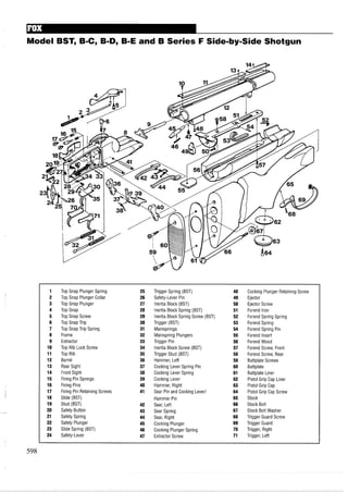 Model BST, B-C, BID, B-E and B Series F Side-by-SideShotgun
1 Top Snap Plunger Spring 25 Trigger Spring (EST) 48 Cocking Plunger Retaining Screw
2 Top Snap Plunger Collar 26 Safety-Lever Pin 49 Ejector
3 Top Snap Plunger 27 Inertia Block (BST) 50 Ejector Screw
4 Top Snap 28 Inertia Block Spring (BST) 51 Forend Iron
5 Top Snap Screw 29 Inertia Block Spring Screw (EST) 52 Forend Spring Spring
6 Top Snap Trip 30 Trigger (BST) 53 Forend Spring
7 Top Snap Trip Spring 31 Mainsprings 54 Forend Spring Pin
8 Frame 32 Mainspring Plungers 55 Forend Insert
9 Extractor 33 Trigger Pin 56 ForendWood
10 Top Rib Lock Screw 34 Inertia Block Screw (EST) 57 Forend Screw, Front
11 Top Rib 35 Trigger Stud (EST) 58 Forend Screw, Rear
12 Barrel 36 Hammer, Left 59 Buttplate Screws
13 Rear Sight 37 Cocking Lever Spring Pin 60 Buttplate
14 Front Sight 38 Cocking Lever Spring 61 Buttplate Liner
15 Firing Pin Springs 39 Cocking Lever 62 Pistol Grip Cap Liner
16 Firing Pins 40 Hammer, Right 63 Pistol Grip Cap
17 Firing Pin Retaining Screws 41 Sear Pin and Cocking Lever1 64 Pistol Grip Cap Screw
18 Slide (BST) Hammer Pin 65 Stock
19 Stud (EST) 42 Sear, Left 66 Stock Bolt
20 Safety Button 43 Sear Spring 67 Stock Bolt Washer
21 Safety Spring 44 Sear, Right 68 Trigger Guard Screw
22 Safety Plunger 45 Cocking Plunger 69 Trigger Guard
23 Slide Spring (EST) 46 Cocking Plunger Spring 70 Trigger, Right
24 Safety-Lever 47 Extractor Screw 71 Trigger, Left
 