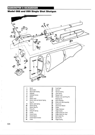 Model 088 and 099 Single Shot Shotgun
1 Barrel 19 Front Sight
2 Barrel Catch 20 Hammer
3 Barrel Catch Spring 21 Hammer Spring
4 Buttplate 22 Lifter Spring
5 Buttplate Screws 23 Release Lever
6 Ejector 24 Release Lever and Firing Pin
7 Ejector Latch Retaining Pin
8 Ejector Latch and Ejector Spring 25 Stock Assembly
Stop Pin 26 Striker and Lifter Assembly
9 Ejector Latch Spring 27 Tang Screw
10 Ejector Spring 28 Tang Screw Washer
11 Ejector Stop Pin 29 Trigger
12 Firing Pin 30 Trigger Extension
13 Firing Pin Spring 31 Trigger Guard
14 Forend 32 Trigger Guard Pin, Front
15 Forend Screw 33 Trigger Guard Pin, Rear
16 Forend Spacer 34 Barrel Catch Pin
17 Forend Spacer Screws 35 Hammer Pin
18 Frame 36 Trigger Spring
 