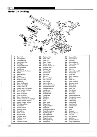 Model 37 Drilling
-5
Barrel Unit
Rear Sight Base
Sight Base Screw
Sight Actuator Rod
Front Sight
Sling Loop Assembly
Rib Spacer Plate
Plate Screws
Sight Actuator Rod Screw
Ejector
Ejector Actuator
Receiver
Barrel Unit Pivot
Pivot Cap Screws
Lock Screw
Barrel Unit Crossbolt
Cocking Lever, Right
Cocking Lever, Left
Cocking Lever Pivot Screws
Firing Pins, Left and Right
Firing Pin, Rifle
Firing Pin Retainers
Firing Pin Springs
Barrel Unit Locking Bolt
Cocking Indicators, Left and Right
Cocking Indicator Retainers
Cocking Indicator Springs
Rifle Change Button
Button Screw
Button Connector
Connector Spring
Spring Screw
Safety Actuator
Actuator Screw
Top Lever Spring
Top Lever Screw
Top Lever
Crossbolt Actuator
Top Lever Shaft
Safety Button
Safety Pin
Safety Plunger
Plunger Spring
Plunger Retaining Pin
Sideplate, Right
Sideplate, Left
Hammer, Right
Hammer, Left
Sear, Right
Sear, Left
Sear Lever, Right
Sear Lever, Left
Sear Springs
Hammer Springs
Hammer Spring Guides
Sideplate Yoke, Right
Sideplate Yoke, Left
Yoke Screws
Sideplate Screw
Sideplate Lever
Trigger Plate
Plate Screw
Plate Screw
Guard
Guard Screw
Trigger, Right
Trigger Limit Screw
Trigger, Left
Trigger Spring and Pin
Trigger Spring Screw
Right Trigger Bar
Set-Trigger Lever
Trigger Lever Spring
Trigger Lever Pin
Set-Trigger Spring
Spring Screw
Hammer, Rifle
Hammer Pivot
Set Screw
Spring Guide Pin
Hammer Sear, Rifle
Sear Spring
Spring Screw
Sear Pin
Hammer Spring, Rifle
Spring Guide
Guide Seat
Safety Crosspiece
Safety
Safety Pin
Safety Connector
Connector Screw
Safety Spring
Spring Screw
Frame Post
Post Screws
Forend Base
Base Screw
Latch Housing Screw
Forend Latch Housing
Forend Latch
Latch Spring
Spring Screw
Latch Pivot Pin
Latch Limit Pin
Forend
Stock
Buttplate
Buttplate Screws
Grip Cap
Grip Cap Screw
Stock Bolt
Stock Bolt Washer
Sling Loop Assembly
 