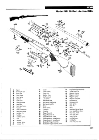 Model SR 20 Bolt-Action Rifle
Barrel
Front Sight Base
Front Sight
Sight Screw
Sight Spring
Sight Pin
Sight Hood
Rear Sight Base
Rear Sight
Sight Base Screw
Receiver
Front Guard Screw
Rear Guard Screw
Bolt Stop Pin
Bolt Stop
Bolt Stop Spring
Bolt
Extractor
Extractor Spring
Extractor Pin
Ejector
Ejector Spring
Ejector Pin
Bolt End Piece
End Piece Lock
Lock Spring
Bolt Handle Lock
Bolt Handle Lock Spring
Bolt Handle Lock Pin
Striker
Striker Spring
Connector
Firing Pin
Trigger Assembly
Trigger Assembly Pin
Trigger Assembly Screw
Trigger Assembly Screw Spacers
Trigger Assembly Screw Spacer
Double-Set Trigger Assembly
Double-Set Trigger Assembly Screw
Single-Set Trigger Assembly
Trigger Guard Unit
Magazine Housing
Magazine Follower
Magazine Spring
Magazine Floorplate
Floorplate Pin
Floorplate Latch
Latch Spring
Latch Pin
Stock
Rear Guard Screw Sleeve
Front Guard Screw Sleeve
Sling Loop, Front
Sling Loop, Rear
Stock End Cap
End Cap Screw
End Cap Nut
Front Sling Loop Nut
 