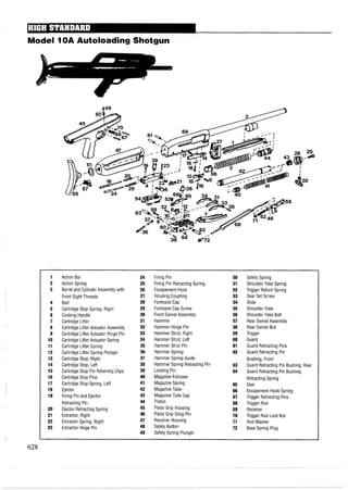 Model 1OA Autoloading Shotgun
1 Action Bar 24 Firing Pin 50 Safety Spring
2 Action Spring 25 Firing Pin Retracting Spring 51 Shoulder Yoke Spring
3 Barrel and Cylinder Assembly with 26 Escapement Hook 52 Trigger Return Spring
Front Sight Threads 27 Housing Coupling 53 Sear Set Screw
4 Bolt 28 ForehandCap 54 Slide
5 Cartridge Stop Spring, Right 29 ForehandCap Screw 55 Shoulder Yoke
6 Cocking Handle 30 Front Swivel Assembly 56 Shoulder Yoke Bolt
7 Cartridge Lifter 31 Hammer 57 Rear Swivel Assembly
8 Cartridge Lifter Actuator Assembly 32 Hammer Hinge Pin 58 Rear Swivel Nut
9 Cartridge Lifter Actuator Hinge Pin 33 Hammer Strut, Right 59 Trigger
10 Cartridge Lifter Actuator Spring 34 Hammer Strut, Left 60 Guard
11 Cartridge Lifter Spring 35 Hammer Strut Pin 61 Guard Retracting Pins
12 Cartridge Lifter Spring Plunger 36 Hammer Spring 62 Guard Retracting Pin
13 Cartridge Stop, Right 37 Hammer Spring Guide Bushing, Front
14 Cartridge Stop, Left 38 Hammer Spring Retracting Pin 63 Guard Retracting Pin Bushing, Rear
15 Cartridge Stop Pin Retaining Clips 39 Locking Pin 64 Guard Retracting Pin Bushing
16 Cartridge Stop Pins 40 Magazine Follower Retracting Spring
17 Cartridge Stop Spring, Left 41 MagazineSpring 65 Sear
18 Ejector 42 MagazineTube 66 Escapement Hook Spring
19 Firing Pin and Ejector 43 MagazineTube Cap 67 Trigger Retracting Pins
Retracting Pin 44 Piston 68 Trigger Rod
20 Ejector Retracting Spring 45 Pistol Grip Housing 69 Receiver
21 Extractor, Right 46 Pistol Grip Sling Pin 70 Trigger Rod Lock Nut
22 Extractor Spring, Right 47 Receiver Housing 71 Rod Washer
23 Extractor Hinge Pin 48 Safety Button 72 Base Spring Plug
49 Safety Spring Plunger
 