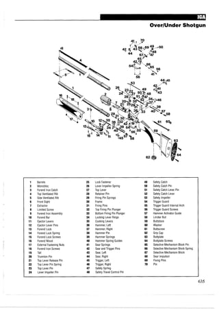 OverIUnder Shotgun
1 Barrels 25 Lock Fastener 49 Safety Catch
2 Monobloc 26 Lever Impeller Spring 50 Safety Catch Pin
3 Forend Iron Catch 27 Top Lever 51 Safety Catch Lever Pin
4 Top Ventilated Rib 28 Retainer Pin 52 Safety Catch Lever
5 Side Ventilated Rib 29 Firing Pin Springs 53 Safety Impeller
6 Front Sight 30 Frame 54 Trigger Guard
7 Extractor 31 Firing Pins 55 Trigger Guard Internal Arch
8 Limited Screw 32 Top Firing Pin Plunger 56 Trigger Guard Screws
9 Forend Iron Assembly 33 Bottom Firing Pin Plunger 57 Hammer Activator Guide
10 Forend Bar 34 Locking Lever Rings 58 Limiter Nut
11 Ejector Levers 35 Cocking Levers 59 Buttstock
12 Ejector Lever Pins 36 Hammer, Left 60 Washer
13 Forend Lock 37 Hammer, Right 61 Buttscrew
14 Forend Lock Spring 38 Hammer Pin 62 Grip Cap
15 Forend Lock Screws 39 Hammer Springs 63 Buttplate
16 ForendWood 40 Hammer Spring Guides 64 Buttplate Screws
17 External Fastening Nuts 41 Sear Springs 65 Selective Mechanism Block Pin
18 Forend Iron Screws 42 Sear and Trigger Pins 66 Selective Mechanism Block Spring
19 Tail 43 Sear, Left 67 Selective Mechanism Block
20 Trunnion Pin 44 Sear, Right 68 Sear lmpulsor
21 Top Lever Release Pin 45 Trigger, Left 69 Fixing Pins
22 Top Lever Pin Spring 46 Trigger, Right 70 Pin
23 Top Lever Pin 47 Safety Spring
24 Lever Impeller Pin 48 SafetyTravel Control Pin
 