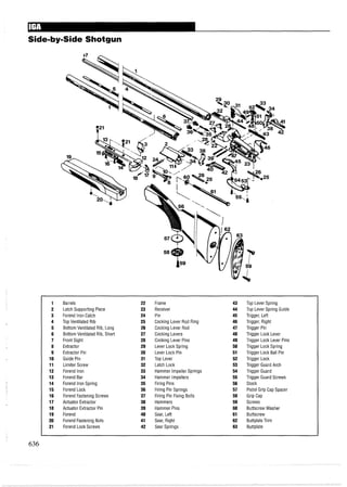 -
Side-by-Side Shotgun
1 Barrels 22 Frame 43 Top Lever Spring
2 Latch Supporting Piece 23 Receiver 44 Top Lever Spring Guide
3 Forend Iron Catch 24 Pin 45 Trigger, Left
4 Top Ventilated Rib 25 Cocking Lever Rod Ring 46 Trigger, Right
5 Bottom Ventilated Rib, Long 26 Cocking Lever Rod 47 Trigger Pin
6 Bottom Ventilated Rib, Short 27 Cocking Levers 48 Trigger Lock Lever
7 Front Sight 28 Cocking Lever Pins 49 Trigger Lock Lever Pins
8 Extractor 29 Lever Lock Spring 50 Trigger Lock Spring
9 Extractor Pin 30 Lever Lock Pin 51 Trigger Lock Ball Pin
10 Guide Pin 31 Top Lever 52 Trigger Lock
11 Limiter Screw 32 Latch Lock 53 Trigger Guard Arch
12 Forend Iron 33 Hammer Impeller Springs 54 Trigger Guard
13 Forend Bar 34 Hammer Impellers 55 Trigger Guard Screws
14 Forend Iron Spring 35 Firing Pins 56 Stock
15 Forend Lock 36 Firing Pin Springs 57 Pistol Grip Cap Spacer
16 Forend FasteningScrews 37 Firing Pin Fixing Bolts 58 Grip Cap
17 Actuator Extractor 38 Hammers 59 Screws
18 Actuator Extractor Pin 39 Hammer Pins 60 Buttscrew Washer
19 Forend 40 Sear, Left 61 Buttscrew
20 Forend Fastening Nuts 41 Sear, Right 62 Buttplate Trim
21 Forend Lock Screws 42 Sear Springs 63 Buttplate
 