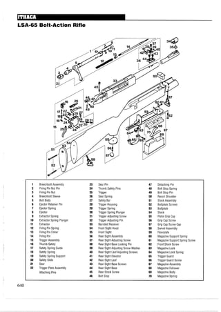 LSA-65 Bolt-Action Rifle
Breechbolt Assembly
Firing Pin Nut Pin
Firing Pin Nut
Breechbolt Sleeve
Bolt Body
Ejector Retainer Pin
Ejector Spring
Ejector
Extractor Spring
Extractor Spring Plunger
Extractor
Firing Pin Spring
Firing Pin Collar
Firing Pin
Trigger Assembly
Thumb Safety
Safety Spring Guide
Safety Spring
Safety Spring Support
Safety Slide
Sear
Trigger Plate Assembly
Attaching Pins
-
Sear Pin 47 Detaching Pin
Thumb Safety Pins 48 Bolt Stop Spring
Trigger 49 Bolt Stop Pin
Sear Spring 50 Recoil Shoulder
Safety Bar 51 Stock Assembly
Trigger Housing 52 Buttplate Screws
Trigger Spring 53 Buttplate
Trigger Spring Plunger 54 Stock
Trigger Adjusting Screw 55 Pistol Grip Cap
Trigger Adjusting Pin 56 Grip Cap Screw
Barreled Receiver 57 Grip Cap Screw Cap
Front Sight Hood 58 Swivel Assembly
Front Sight 59 Floorplate
Rear Sight Assembly 60 Magazine Support Spring
Rear Sight Adjusting Screw 61 Magazine Support Spring Screw
Rear Sight Base Locking Pin 62 Front Stock Screw
Rear Sight Adjusting Screw Washer 63 Magazine Lock
Rear Sight Leaf Adjusting Screws 64 Magazine Lock Spring
Rear Sight Elevator 65 Trigger Guard
Rear Sight Leaf 66 Trigger Guard Screw
Rear Sight Base Screws 67 Magazine Assembly
Rear Sight Base 68 Magazine Follower
Rear Stock Screw 69 Magazine Body
Bolt Stop 70 Magazine Spring
 