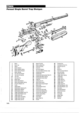 Perazzi Single Barrel Trap Shotgun
1 Barrel 27 Ejector Trip Rod 53 Cocking Foot
2 Barrel Lug 28 Action Locking Bolt 54 Cocking Foot Pivot Pin
3 Ejector 29 Firing Pin Spring 55 Hammer Pivot Pin
4 Ejector Retainer 30 Firing Pin 56 Bridle
5 Ejector Retainer Spring 31 Top Lever Retainer 57 Bridle Pin
6 Ejector Spring Plungers 32 Top Lever Retainer Spring, Large 58 Hammer Spring Retainer
7 Ejector Springs 33 Cocking Rod Screw 59 Hammer Spring
8 Top LeverTrip Plunger 34 Cocking Rod 60 Trigger Pivot Pin
9 Top LeverTrip Spring 35 Cocking Rod Spring Guide Plate Pin 61 Trigger Return Spring
10 TopLever 36 Cocking Rod Return Spring 62 TriggerISear
11 Top LeverTrip 37 Cocking Rod Screw Collar 63 Trigger Plate
12 Ejector Stop 38 Hinge Pin 64 Trigger Plate Pin
13 Ejector Stop Retainer 39 Cocking Cam Pin 65 Trigger Spring Pin
14 Ejector Stop Retainer Spring 40 Ejector Sear Spring 66 Trigger Guard
15 Firing Pin Retainer Pin 41 Ejector Sear Spring Plunger 67 Trigger Guard Pin
16 Frame 42 Ejector Sear 68 Stock Bolt Washer, Plain
17 Safety Button 43 Forend Retainer Screw 69 Stock Bolt Washer, Lock
18 Safety Button Retaining Pin 44 Forend Iron 70 Stock Bolt
19 Safety Button Retainer 45 Forend Push Rod Guide 71 Stock Bolt Retainer
20 Safety Button Spring 46 Forend Push Release Rod 72 Recoil Pad Screws
21 Trigger Plate Release Lever Pin 47 Forend Push Rod Spring 73 Recoil Pad
22 Trigger Plate Release Lever 48 Forend Locking Block 74 Front Sight
23 Trigger Plate Lock 49 Cocking Cam 75 Middle Sight
24 Trigger Plate Lock Spring 50 Frame Stop 76 Buttstock
25 Trigger Plate Lock Cap 51 Ejector Sear Pin 77 Hammer
26 Trigger Plate Lock Pin 52 Forend
 