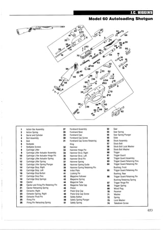 Model 60 Autoloading Shotgun
1 Action Bar Assembly 27 ForehandAssembly 52 Sear
2 Action Spring 28 Forehand Base 53 Sear Spring
3 Barrel and Cylinder 29 ForehandCap 54 Sear Spring Plunger
4 Bolt Assembly 30 ForehandCap Screw 55 Slide
5 Bolt 31 ForehandCap Screw Retaining 56 Stock Assembly
6 Buttplate Ring 57 Stock Bolt
7 Buttplate Screws 32 Hammer 58 Stock Bolt Lock Washer
8 Cartridge Lifter 33 Hammer Hinge Pin 59 Stock Bolt Washer
9 Cartridge Lifter Actuator Assembly 34 Hammer Strut, Right 60 Trigger
10 Cartridge Lifter Actuator Hinge Pin 35 Hammer Strut, Left 61 Trigger Guard
11 Cartridge Lifter Actuator Spring 36 Hammer Strut Pin 62 Trigger Guard Assembly
12 Cartridge Lifter Spring 37 Hammer Spring 63 Trigger Guard Retaining Pins
13 Cartridge Lifter Spring Plunger 38 Hammer Spring Guide 64 Trigger Guard Retaining Pin
14 Cartridge Stop, Right 39 Hammer Spring Retaining Pin Bushing, Front
15 Cartridge Stop, Left 40 Initial Plate 65 Trigger Guard Retaining Pin
16 Cartridge Stop Button 41 Locking Pin Bushing, Rear
17 Cartridge Stop Pins 42 Magazine Follower 66 Trigger Guard Retaining Pin
18 Cartridge Stop Springs 43 Magazine Spring Bushing Retaining Spring
19 Ejector 44 MagazineTube 67 Trigger Hinge Pin
20 Ejector and Firing Pin Retaining Pin 45 MagazineTube Cap 68 Trigger Spring
21 Ejector Retracting Spring 46 Piston 69 Wood Plug
22 Extractor, Right 47 Pistol Grip Cap 70 Receiver
23 Extractor Spring, Right 48 Pistol Grip Cap Screw 71 Washer
24 Extractor Pivot Pin 49 Safety Button 72 Spring
25 Firing Pin 50 Safety Spring Plunger 73 Lock Washer
26 Firing Pin Retracting Spring 51 Safety Spring 74 Takedown Screw
 