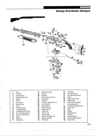 Omega OverIUnder Shotgun
1 Barrel 18 Safety Spring Screw 35 lnertia Block
2 Front Sight 19 Left Sear 36 lnertia Block Spring
3 Extractor Spring 20 Right Sear 37 lnertia Block Spring Guide
4 Extractor Spring Guide 21 Sear and Sear Spring Pins 38 Trigger
5 Extractor 22 Sear Springs 39 Trigger Spring Plunger
6 Forend 23 Crossbolt 40 Trigger Spring
7 Forend Screw 24 Automatic Safety Activator Pin 41 Trigger Spring and Trigger
8 ReceiverScrew 25 Lower Firing Pin Guard Retaining Pins
9 Action 26 Upper Firing Pin 42 Inertia Block Retaining Screws
10 Top Opening Lever 27 Firing Pin Springs 43 Trigger Guard
11 Lock Release Button 28 Trigger Plate Pin 44 Stock
12 Lock Release Button Spring 29 Trigger Plate 45 Buttplate
13 Top Lever Retaining Screw 30 Hammer, Left 46 Buttplate Screws
14 Top Lever Spring Release 31 Hammer, Right 47 Stock Bolt
15 Safety 32 Hammer and Trigger Pins 48 Stock Bolt Washer
16 Safety Pin 33 Mainspring Guides 49 Plastic Stock Bolt Washers
17 Safety Spring 34 Mainsprings 50 Stock Bolt Nut
 