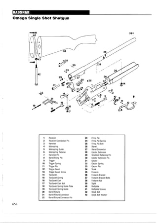 Omega Single Shot Shotgun
1 Receiver 23 Firing Pin
2 Receiver Connection Pin 24 Firing Pin Spring
3 Hammer 25 Firing Pin Bolt
4 Mainspring 26 Barrel
5 Mainspring Guide 27 Barrel Connector
6 Mainspring Retainer 28 Ejector Extension
7 Hammer Pin 29 Shotshell Retaining Pin
8 Barrel Fixing Pin 30 Ejector Extension Pin
9 Trigger 31 Ejector
10 Trigger Spring 32 Ejector Spring
11 Trigger Pin 33 Ejector Pin
12 Trigger Guard 34 Stock
13 Trigger Guard Screw 35 Forearm
14 Top Lever 36 Forearm Bracket
15 Top Lever Spring 37 Forearm Bracket Bolts
16 Top Lever Cam 38 Forearm Nut
17 Top Lever Cam Bolt 39 Sight
18 Top Lever Spring Guide Plate 40 Buttplate
19 Top Lever Spring Guide 41 Buttplate Screws
20 Barrel Fixture 42 Stock Bolt
21 Barrel Fixture Connector 43 Stock Bolt Washer
22 Barrel Fixture Connector Pin
 