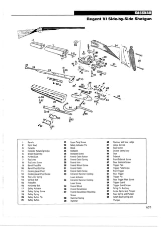 Regent VI Side-by-SideShotgun
!Z
. ~
9
lo,67
&33
39 41
589.
(.'
1 Barrels 22 Upper Tang Screw 40 Hammer and Sear Ledge
2 Sight Bead 23 Safety Activator Pin 41 Ledge Screws
3 Extractor 24 Stock 42 Sear Screw
4 Extractor Retaining Screw 25 Buttplate 43 Double Safety Sear
5 BreechAssembly 26 Buttplate Screw 44 Sear
6 Purdey Lock 27 Forend Catch Button 45 Sidelock
7 Top Lever 28 Forend Catch Spring 46 Front Sidelock Screw
8 Top Lever Screw 29 Forend Iron 47 Rear Sidelock Screw
9 Barrel Pivot Pin 30 Forend Mount Screw 48 Trigger Pate
10 Barrel Pivot Pin Cap 31 Forend Catch 49 Trigger Plate Screw
11 Cocking Lever Pivot 32 Forend Catch Screw 50 Front Trigger
12 Cocking Lever Pivot Screw 33 Extractor Hammer Cocking 51 Rear Trigger
13 Top Lever Spring Lever Activator 52 Trigger Pin
14 Vertical Bolt 34 Extractor Hammer Cocking 53 Rear Trigger Plate Screw
15 Firing Pin Lever Screw 54 Trigger Guard
16 Horizontal Bolt 35 ForendWood 55 Trigger Guard Screw
17 SafetyActivator 36 Forend Escutcheon 56 Firing Pin Bushing
18 Safety Spring Screw 37 Forend Escutcheon Mounting 57 Ledge Spring and Plunger
19 Safety Spring Screw 58 Sear Spring and Plunger
20 Safety Button Pin 38 Hammer Spring 59 Safety Sear Spring and
21 Safety Button 39 Hammer Plunger
 