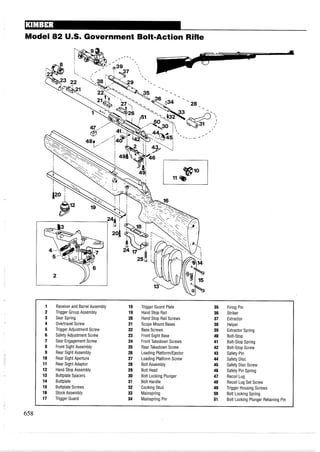 Model 82 U.S. Government Bolt-Action Rifle
1 Receiverand Barrel Assembly 18 Trigger Guard Plate 35 Firing Pin
2 Trigger Group Assembly 19 Hand Stop Rail 36 Striker
3 Sear Spring 20 Hand Stop Rail Screws 37 Extractor
4 Overtravel Screw 21 Scope Mount Bases 38 Helper
5 Trigger Adjustment Screw 22 Base Screws 39 Extractor Spring
6 SafetyAdjustment Screw 23 Front Sight Base 40 Bolt-Stop
7 Sear EngagementScrew 24 Front Takedown Screws 41 Bolt-Stop Spring
8 Front Sight Assembly 25 Rear Takedown Screw 42 Bolt-Stop Screw
9 Rear Sight Assembly 26 Loading Platform/Ejector 43 Safety Pin
10 Rear Sight Aperture 27 Loading Platform Screw 44 SafetyDisc
11 Rear Sight Adaptor 28 Bolt Assembly 45 Safety Disc Screw
12 Hand Stop Assembly 29 Bolt Head 46 Safety Pin Spring
13 Buttplate Spacers 30 Bolt Locking Plunger 47 Recoil Lug
14 Buttplate 31 Bolt Handle 48 Recoil Lug Set Screw
15 Buttplate Screws 32 Cocking Stud 49 Trigger Housing Screws
16 Stock Assembly 33 Mainspring 50 Bolt Locking Spring
17 Trigger Guard 34 Mainspring Pin 51 Bolt Locking Plunger Retaining Pin
 