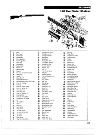 K-80 OverIUnder Shotgun
1 Barrel 41 Cocking Lever, Bottom 81 Set Screw
2 Barrel Lug 42 Cocking Lever,Top 82 Trigger Guard
3 Front Hanger 43 Cocking Lever Pins 83 Trigger Guard Screw
4 Rear Hanger 44 Mainsprings 84 Trigger Housing
5 Front Hanger Pin 45 Guide Rods 85 Trigger
6 Rear Hanger Screw 46 Cocking Rod Pins 86 Hammer
7 Front Sight 47 Cocking Rod, Bottom 87 Hammer Pin
8 Middle Sight 48 Cocking Rod, Top 88 Release Plate
9 Ejector, Bottom 49 Hammer, Bottom 89 Eccentric Bushing
10 Ejector,Top 50 Hammer, Top 90 Countersunk Screw
11 Ejector Screws 51 Pivot Pin 91 Release Pins
12 Receiver 52 Pivot Pin Set Screw 92 Forearm
13 Top Lever Spring Rod Support 53 Sideplates 93 Forend Catch
14 Safety Stud 54 Sideplate Screws 94 Forend Catch Pins
15 Support Pin 55 Pivot and Spacing Pins 95 Forend Catch Spring
16 Safety Stud Pin 56 Circlips 96 Forend Catch Screw
17 Hammer Pivot Pin Stud 57 Sear, Bottom 97 Forend Stop
18 Hammer Pivot Pin Stud Lock Screw 58 Sear, Top 98 Ejector Hammer, Bottom
19 Firing Pin Housing 59 Sear Springs 99 Ejector Hammer,Top
20 Bushing 60 Safety Block 100 Ejector Springs
21 Firing Pin Spring, Bottom 61 Safety Block Bolt 101 Ejector Sear, Bottom
22 Firing Pin Spring, Top 62 Drive Pins 102 Ejector Sear, Top
23 Firing Pins, Front 63 Safety Slide 103 Ejector Sear Springs
24 Firing Pins, Rear 64 Push Button Spring 104 Ejector Sear Pins
25 Firing Pin Retaining Pin 65 Push Button 105 Rosettes
26 Distance Piece 66 Pin 106 Forearm Screws
27 Firing Pin Housing Pin 67 Stop Screw 107 Forearm Washers
28 Housing Pin Lock Screw 68 Trigger Spring 108 Pin
29 Pin 69 Trigger Spring Drive Pin 109 Stop Pin
30 Pin Lock Screw 70 Barrel Selector 110 Forearm Iron
31 Catch 71 Barrel Selector Spring 111 Stock
32 Catch Pin 72 Barrel Selector Stop 112 Guide Sleeve
33 Catch Spring 73 Barrel Selector Pin 113 Guide Sleeve Collar
34 Catch Screw 74 Pins 114 Plate Spring
35 Top Lever Spring 75 Sear Selector Axle 115 Spring Washer
36 Top Lever Spring Rod 76 Selector Sear 116 Buttplate
37 Top Latch 77 Spring 117 Buttplate Screws
38 Top Lever 78 Inertia Block 118 Phillips Head Screw
39 Hinge Screw 79 Inertia Block Pin 119 Sling Swivel
40 Hinge Screw Lock Screw 80 Inertia Block Spring
 