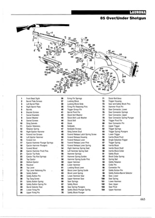 85 OverIUnder Shotgun
1 Front Bead Sight 36 Firing Pin Springs 71 Stock Bolt Boss
2 Barrel Plate Screws 37 Locking Block 72 Trigger Housing
3 Left Barrel Plate 38 Locking Block Slide 73 Sear and Safety Block Pins
4 Right Barrel Plate 39 Firing Pin Retaining Pins 74 Hammer Pivot Pin
5 Barrels 40 Trigger Group Pin 75 Sear Connector, Lower
6 Bracket Screws 41 Barrel Pivot Pin 76 Sear Connector Springs
7 Swivel Brackets 42 Stock Bolt Washer 77 Sear Connector, Upper
8 Swivel Washer 43 Stock Bolt Lock Washer 78 Sear Connector Spring Plunger
9 Swivel Screws 44 Stock Bolt 79 Trigger Pivot Pin
10 Sling Swivels 45 Stock 80 Sear Connector Pin
11 Ejector Retainers 46 Buttplate 81 Upper Trigger
12 Retainer Spring 47 Buttplate Screws 82 Trigger Springs
13 Right Ejector Hammer 48 Sling Swivel Stud 83 Trigger Spring Plungers
14 Forend Iron Screws 49 Forend Release Latch Spring Screw 84 Lower Trigger
15 Left Ejector Hammer 50 Forend Release Housing 85 Inertia Block Pivot
16 Forend Iron 51 Forend Release Lever 86 Single SelectiveTrigger
17 Ejector Hammer Plunger Springs 52 Forend Release Lever Pins 87 Trigger Spring
18 Ejector Hammer Plungers 53 Forend Release Lever Spring 88 Inertia Block
19 ForendWood ' 54 Right Hammer Spring Seat 89 Inertia Block Shaft
20 Ejector Hammer Pivot Pins 55 Left Hammer Spring Seat 90 Inertia Block Collar
21 Ejector Tip Rods 56 Hammer Springs 91 Safety Block
22 Ejector Trip Rod Springs 57 Hammer Spring Guides 92 Block Collar Spring
23 Top Ejector 58 Hammer Spring Guide Pins 93 Spring Ball
24 Bottom Ejector 59 Upper Hammer 94 Safety Retainer
25 Receiver 60 Lower Hammer 95 Collar Pin
26 Top Lever 61 Locking Block Lever 96 Connector Pin
27 Top Lever Retaining Pin - 62 Block Lever Spring Guide 97 Safety Button Pin
28 Safety Button 63 Block Lever Spring 98 Safety ButtonIBarrel Selector
29 Safety Button Pin 64 Lower Hammer Sear 99 Sear, Lower
30 Top Tang Screw 65 Upper Hammer Sear 100 Sear Spring
31 Safety Button Spring 66 Sear Springs 101 Lower Hammer
32 Safety Button Spring Pin 67 Safety Block 102 Sear, Upper
33 Barrel Selector Rod 68 Sear Spring Plungers 103 Sear Pivot
34 Lower Firing Pin 69 Safety Block Plunger Spring 104 Upper Hammer
35 Upper Firing Pin 70 Safety Block Plunger
 