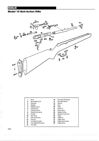 Model 10 Bolt-Action Rifle
Barrel
Barrel Retaining Pin
Breechbolt
Buttplate
Buttplate Screws
Cocking Knob
Cocking Knob Pin
Cocking Knob Spring
Extractor
Feed Throat
Feed Throat Screw
Firing Pin
Front Sight Complete
Front Sight Binding Screw
Front Sight
Rear Sight with Elevator
Rear Sight Elevator
Receiver
Stock
Striker
Striker Pin
Striker Spring
Takedown Screw
Takedown Screw Stud
Trigger
Trigger Pin
Trigger Guard
Trigger Guard Screws
Trigger Spring
 