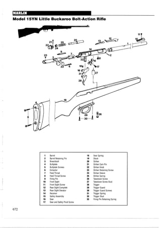 Model 15YN Little Buckaroo Bolt-Action Rifle
Barrel
Barrel Retaining Pin
Breechbolt
Buttplate
Buttplate Screws
Extractor
FeedThroat
Feed Throat Screw
Firing Pin
Front Sight
Front Sight Screw
Rear Sight Complete
Rear Sight Elevator
Receiver
Safety Assembly
Sear
Sear and Safety Pivot Screw
Sear Spring
Stock
Striker
Striker Cam Pin
Striker Knob
Striker Retaining Screw
Striker Sleeve
Striker Spring
Takedown Screw
Takedown Screw Stud
Trigger
Trigger Guard
Trigger Guard Screws
Trigger Spring
Trigger Stud
Firing Pin Retaining Spring
 