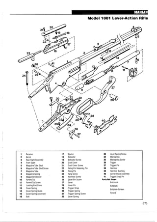 Model 1881 Lever-Action Rifle
1 Receiver 17 Ejector 33 Lever Spring Screw
2 Barrel 18 Extractor 34 Mainspring
3 Rear Sight Assembly 19 Extractor Screw 35 Mainspring Screw
4 Front Sight 20 Dust Cover 36 Trigger
5 MagazineTube Stud 21 Dust Cover Screw 37 Trigger Pin
6 MagazineTube Stud Screw 22 Firing Pin Retaining Pin 38 Hammer
7 MagazineTube 23 Firing Pin 39 Hammer Bushing
8 Magazine Spring 24 Tang Screw 40 Carrier Block Assembly
9 Magazine Follower 25 Hammer Screw 41 Trigger Strap Pin
10 ForendTip 26 Lever Pin Screw Parts Not Shown
11 ForendTip Screw 27 Lever Buttstock
12 Loading Port Cover 28 Lever Pin Buttplate
13 Cover Spring 29 Trigger Strap
Buttplate Screws
14 Cover Spring Guide 30 Trigger Spring
15 Cover Spring Abutment 31 Trigger Spring Screw Forend
16 Bolt 32 Lever Spring
 