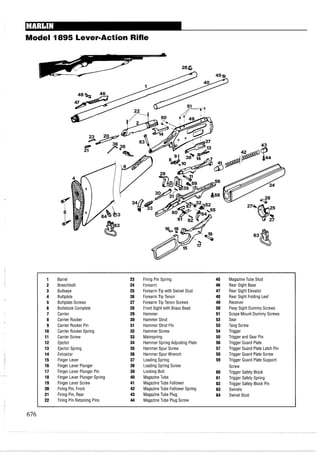 Model 1895 Lever-Action Rifle
1 Barrel 23 Firing Pin Spring 45 MagazineTube Stud
2 Breechbolt 24 Forearm 46 Rear Sight Base
3 Bullseye 25 Forearm Tip with Swivel Stud 47 Rear Sight Elevator
4 Buttplate 26 Forearm Tip Tenon 48 Rear Sight Folding Leaf
5 Buttplate Screws 27 Forearm Tip Tenon Screws 49 Receiver
6 Buttstock Complete 28 Front Sight with Brass Bead 50 Peep Sight Dummy Screws
7 Carrier 29 Hammer 51 Scope Mount Dummy Screws
8 Carrier Rocker 30 Hammer Strut 52 Sear
9 Carrier Rocker Pin 31 Hammer Strut Pin 53 Tang Screw
10 Carrier Rocker Spring 32 Hammer Screw 54 Trigger
11 Carrier Screw 33 Mainspring 55 Trigger and Sear Pin
12 Ejector 34 Hammer Spring Adjusting Plate 56 Trigger Guard Plate
13 Ejector Spring 35 Hammer Spur Screw 57 Trigger Guard Plate Latch Pin
14 Extractor 36 Hammer Spur Wrench 58 Trigger Guard Plate Screw
15 Finger Lever 37 Loading Spring 59 Trigger Guard Plate Support
16 Finger Lever Plunger 38 Loading Spring Screw Screw
17 Finger Lever Plunger Pin 39 Locking Bolt 60 Trigger Safety Block
18 Finger Lever Plunger Spring 40 Magazine Tube 61 Trigger Safety Spring
19 Finger Lever Screw 41 Magazine Tube Follower 62 Trigger Safety Block Pin
20 Firing Pin, Front 42 MagazineTube Follower Spring 63 Swivels
21 Firing Pin, Rear 43 MagazineTube Plug 64 Swivel Stud
22 Firing Pin Retaining Pins 44 MagazineTube Plug Screw
 