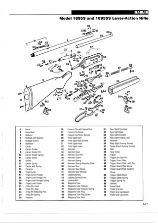 Model 1895s and 1895SS Lever-Action Rifle
30
1 Barrel 26 Forearm Tip with Swivel Stud 51 Rear Sight Complete
2 Breechbolt 27 Forearm Tip Tenon 52 Rear Sight Base
3 Bullseye 28 Forearm Tip Tenon Screws 53 Rear Sight Elevator
4 Buttpad with Spacers 29 Front Sight Base 54 Rear Sight Folding Leaf
5 Buttpad Screws 30 Front Sight Base Screws 55 Receiver
6 Buttstock 31 Front Sight Hood 56 Peep Sight Dummy Screws
7 Carrier 32 Front Sight Insert 57 Scope Mount Dummy Screws
8 Carrier Rocker 33 Hammer 58 Sear
9 Carrier Rocker Pin 34 Hammer Strut 59 Tang Screw
10 Carrier Rocker Spring 35 Hammer Strut Pin 60 Trigger
11 Carrier Screw 36 Hammer Screw 61 Trigger and Sear Pin
12 Ejector 37 Hammer Spring 62 Trigger Guard Plate
13 Ejector Spring 38 Hammer Spring Adjusting Plate 63 Trigger Guard Plate Latch Pin
14 Ejector with Spring 39 Hammer Spur 64 Trigger Guard Plate Screw
15 Extractor 40 Hammer Spur Screw 65 Trigger Guard Plate Support
16 Finger Lever 41 Hammer Spur Wrench Screw
17 Finger Lever Plunger 42 Loading Spring 66 Trigger Safety Block
18 Finger Lever Plunger Pin 43 Loading Spring Screw 67 Trigger Safety Spring
19 Finger Lever Plunger Spring 44 Locking Bolt 68 Trigger Spring Pin
20 Finger Lever Screw 45 MagazineTube 69 Swivels
21 Firing Pin, Front 46 MagazineTube Follower 70 Swivel Stud
22 Firing Pin, Rear 47 MagazineTube Follower Spring 71 Pistol Grip Cap
23 Firing Pin Retaining Pins 48 MagazineTube Plug 72 Pistol Grip Cap Spacer
24 Firing Pin Spring 49 MagazineTube Plug Screw 73 Pistol Grip Cap Screw
25 Forearm 50 MagazineTube Stud
 