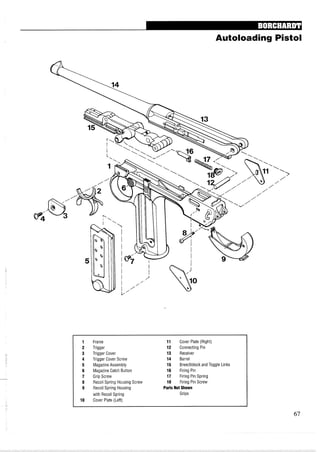 Autoloading Pistol
1 Frame 11 Cover Plate (Right)
2 Trigger 12 Connecting Pin
3 Trigger Cover 13 Receiver
4 Trigger Cover Screw 14 Barrel
5 MagazineAssembly 15 Breechblock and Toggle Links
6 MagazineCatch Button 16 Firing Pin
7 Grip Screw 17 Firing Pin Spring
8 Recoil Spring Housing Screw 18 Firing Pin Screw
9 Recoil Spring Housing Parts Not Shown
with Recoil Spring Grips
10 Cover Plate (Left)
 