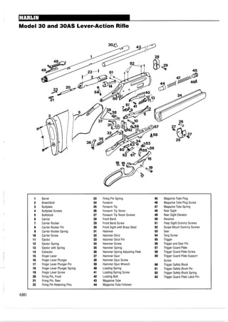 Model 30 and 30AS Lever-Action Rifle
1 Barrel 23 Firing Pin Spring 45 MagazineTube Plug
2 Breechbolt 24 Forearm 46 MagazineTube Plug Screw
3 Buttplate 25 Forearm Tip 47 MagazineTube Spring
4 Buttplate Screws 26 ForearmTip Tenon 48 Rear Sight
5 Buttstock 27 ForearmTip Tenon Screws 49 Rear Sight Elevator
6 Carrier 28 Front Band 50 Receiver
7 Carrier Rocker 29 Front Band Screw 51 Peep Sight Dummy Screws
8 Carrier Rocker Pin 30 Front Sight with Brass Bead 52 Scope Mount Dummy Screws
9 Carrier Rocker Spring 31 Hammer 53 Sear
10 Carrier Screw 32 Hammer Strut 54 Tang Screw
11 Ejector 33 Hammer Strut Pin 55 Trigger
12 Ejector Spring 34 Hammer Screw 56 Trigger and Sear Pin
13 Ejector with Spring 35 Hammer Spring 57 Trigger Guard Plate
14 Extractor 36 Hammer Spring Adjusting Plate 58 Trigger Guard Plate Screw
15 Finger Lever 37 Hammer Spur 59 Trigger Guard Plate Support
16 Finger Lever Plunger 38 Hammer Spur Screw Screw
17 Finger Lever Plunger Pin 39 Hammer Spur Wrench 60 Trigger Safety Block
18 Finger Lever Plunger Spring 40 Loading Spring 61 Trigger Safety Block Pin
19 Finger Lever Screw 41 Loading Spring Screw 62 Trigger Safety Block Spring
20 Firing Pin, Front 42 Locking Bolt 63 Trigger Guard Plate Latch Pin
21 Firing Pin, Rear 43 Magazine Tube
22 Firing Pin Retaining Pins 44 Magazine Tube Follower
 