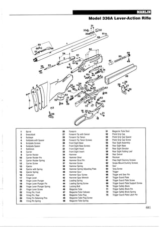 Model 336A Lever-Action Rifle
1 Barrel 26 Forearm 51 MagazineTube Stud
2 Breechbolt 27 Forearm Tip with Swivel 52 Pistol Grip Cap
3 Bullseye 28 Forearm Tip Tenon 53 Pistol Grip Cap Spacer
4 Buttplate with Spacer 29 Forearm Tip Tenon Screws 54 Pistol Grip Cap Screw
5 Buttplate Screws 30 Front Sight Base 55 Rear Sight Assembly
6 Buttplate Spacer 31 Front Sight Base Screws 56 Rear Sight Base
7 Buttstock 32 Front Sight Hood 57 Rear Sight Elevator
8 Carrier 33 Front Sight Insert 58 Rear Sight Folding Leaf
9 Carrier Rocker 34 Hammer 59 Rear Swivel
10 Carrier Rocker Pin 35 Hammer Strut 60 Receiver
11 Carrier Rocker Spring 36 Hammer Strut Pin 61 Peep Sight Dummy Screws
12 Carrier Screw 37 Hammer Screw 62 Scope Mount Dummy Screws
13 Ejector 38 Hammer Spring 63 Sear
14 Ejector with Spring 39 Hammer Spring Adjusting Plate 64 Tang Screw
15 Ejector Spring 40 Hammer Spur 65 Trigger
16 Extractor 41 Hammer Spur Screw 66 Trigger and Sear Pin
17 Finger Lever 42 Hammer Spur Wrench 67 Trigger Guard Plate
18 Finger Lever Plunger 43 Loading Spring 68 Trigger Guard Plate Screw
19 Finger Lever Plunger Pin 44 Loading Spring Screw 69 Trigger Guard Plate Support Screw
20 Finger Lever Plunger Spring 45 Locking Bolt 70 Trigger Safety Block
21 Finger Lever Screw 46 MagazineTube 71 Trigger Safety Block Pin
22 Firing Pin, Front 47 MagazineTube Follower 72 Trigger Safety Block Spring
23 Firing Pin, Rear 48 MagazineTube Plug 73 Trigger Guard Plate Latch Pin
24 Firing Pin Retaining Pins 49 MagazineTube Plug Screw
25 Firing Pin Spring 50 MagazineTube Spring
 