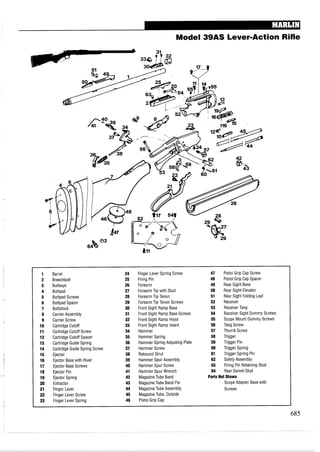 Model 39AS Lever-Action Rifle
1 Barrel 24 Finger Lever Spring Screw 47 Pistol Grip Cap Screw
2 Breechbolt 25 Firing Pin 48 Pistol Grip Cap Spacer
3 Bullseye 26 Forearm 49 Rear Sight Base
4 Buttpad 27 ForearmTip with Stud 50 Rear Sight Elevator
5 Buttpad Screws 28 ForearmTip Tenon 51 Rear Sight Folding Leaf
6 Buttpad Spacer 29 ForearmTip Tenon Screws 52 Receiver
7 Buttstock 30 Front Sight Ramp Base 53 ReceiverTang
8 Carrier Assembly 31 Front Sight Ramp Base Screws 54 ReceiverSight Dummy Screws
9 Carrier Screw 32 Front Sight Ramp Hood 55 Scope Mount Dummy Screws
10 Cartridge Cutoff 33 Front Sight Ramp Insert 56 Tang Screw
11 Cartridge Cutoff Screw 34 Hammer 57 Thumb Screw
12 Cartridge Cutoff Spacer 35 Hammer Spring 58 Trigger
13 Cartridge Guide Spring 36 Hammer Spring Adjusting Plate 59 Trigger Pin
14 Cartridge Guide Spring Screw 37 Hammer Screw 60 Trigger Spring
15 Ejector 38 Rebound Strut 61 Trigger Spring Pin
16 Ejector Base with Rivet 39 Hammer Spur Assembly 62 Safety Assembly
17 Ejector Base Screws 40 Hammer Spur Screw 63 Firing Pin Retaining Stud
18 Ejector Pin 41 Hammer Spur Wrench 64 Rear Swivel Stud
19 Ejector Spring 42 MagazineTube Band PartsNot Shown
20 Extractor 43 MagazineTube Band Pin Scope Adapter Base with
21 Finger Lever 44 MagazineTube Assembly Screws
22 Finger Lever Screw 45 MagazineTube, Outside
23 Finger Lever Spring 46 Pistol Grip Cap
 