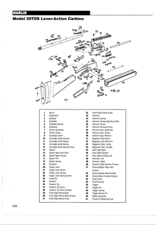 Model 39TDS Lever-ActionCarbine
30
1 Barrel 32 Front Sight Ramp Insert
2 Breechbolt 33 Hammer
3 Bullseye 34 Hammer Spring
4 Buttplate 35 Hammer Spring Adjusting Plate
5 Buttplate Screws 36 Hammer Screw
6 Buttstock 37 Hammer Rebound Strut
7 Carrier Assembly 38 Hammer Spur Assembly
8 Carrier Screw 39 Hammer Spur Screw
9 Cartridge Cutoff 40 Hammer Spur Wrench
10 Cartridge Cutoff Screws 41 MagazineTube Band
11 Cartridge Cutoff Spacer 42 MagazineTube Band Pin
12 Cartridge Guide Spring 43 MagazineTube, Inside
13 Cartridge Guide Spring Screw 44 MagazineTube, Outside
14 Ejector 45 Rear Sight Base
15 Ejector Base with Rivet 46 Rear Sight Elevator
16 Ejector Base Screws 47 Rear Sight Folding Leaf
17 Ejector Pin 48 Receiver, Left
18 Ejector Spring 49 Receiver,Right
19 Extractor 50 ReceiverSight Dummy Screws
20 Finger Lever 51 Scope Adapter Base with
21 Finger Lever Screw Screws
22 Finger Lever Spring 52 Scope Adapter Base Screws
23 Finger Lever Spring Screw 53 Scope Mount Dummy Screws
24 Firing Pin 54 Tang Screw
25 Forearm 55 Thumb Screw
26 Forearm Tip 56 Trigger
27 Forearm Tip Tenon 57 Trigger Pin
28 Forearm Tip Tenon Screws 58 Trigger Spring
29 Front Sight Ramp Base 59 Trigger Spring Pin
30 Front Sight Ramp Base Screws 60 Safety Assembly
31 Front Sight Ramp Hood 61 Firing Pin Retaining Stud
 