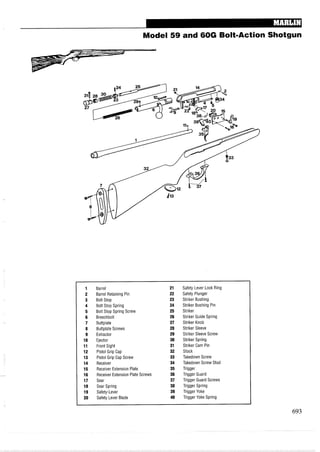 Model 59 and 60G BoltmAction Shotgun
1 Barrel 21 Safety Lever Lock Ring
2 Barrel Retaining Pin 22 Safety Plunger
3 Bolt Stop 23 Striker Bushing
4 Bolt Stop Spring 24 Striker Bushing Pin
5 Bolt Stop Spring Screw 25 Striker
6 Breechbolt 26 Striker Guide Spring
7 Buttplate 27 Striker Knob
8 Buttplate Screws 28 Striker Sleeve
9 Extractor 29 Striker Sleeve Screw
10 Ejector 30 Striker Spring
11 Front Sight 31 Striker Cam Pin
12 Pistol Grip Cap 32 Stock
13 Pistol Grip Cap Screw 33 Takedown Screw
14 Receiver 34 Takedown Screw Stud
15 ReceiverExtension Plate 35 Trigger
16 Receiver Extension Plate Screws 36 Trigger Guard
17 Sear 37 Trigger Guard Screws
18 Sear Spring 38 Trigger Spring
19 Safety-Lever 39 Trigger Yoke
20 Safety Lever Blade 40 Trigger Yoke Spring
 