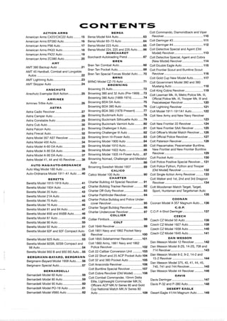 <=ONTENTS
ACTION ARMS BERSA Colt Commando. Diamondback and Viper
....................................................... .............................American Arms CX22/CXC22 Auto 15 Bersa Model 644 Auto 63 Revolver 110
...................................American Arms EP380Auto ....................16 Bersa Model 83-73 Auto .........................64 Colt Derringer #3 111
...................................American Arms P98 Auto ........................17 Bersa Model 223 Auto.............................65 Colt Derringer #4 112
.............................American Arms PK22 Auto 18 Bersa Model 224. 225 and 226 Auto 66 Colt Detective Special and Agent (Old
.................................American Arms PX22 Auto 19
BORCHARDT Model) Revolver 113......................
American Arms ZC380 Auto 20
..................Borchardt Autoloading Pistol 67 Colt Detective Special. Agent and Cobra
....................
........................BREN (New Model) Revolver .114
AMT
............................Bren Ten Combat Auto
AMT 380 Backup Auto 21
.........................68 Colt Double EagleAuto 115
...........................
Bren Ten Pocket Auto..............................69 Colt Frontier Scout and Buntline Scout
AMT 45 Hardball. Combat and Longslide
....................................................Autos 22 Bren Ten Special Forces Model Auto 70 Revolver 116....................................................
BRNO ............
AMT Lightning Auto 23
Colt Gold Cup New Model Auto 117
................................
.......................BRNO Model CZ-75 Auto 71 colt ~~~~~~~~~t Model 380 and 380
AMT Skipper Auto ...................................24 BROWNING .....................................Mustang Auto 118
....................................ANSCHUTZ Browning 25 Auto 72 Colt King Cobra Revolver......................119
....................Anschutz Exemplar Bolt Action 25 Browning 380 and 32 Auto (Pre-1969) 73 Colt Lawman Mk. Metro Police Mk
..............ARMINEX
Browning 380 Auto (1969-1974) 74 official police ~k 111. T~~~~~~~ k .111 and
Arminex ~ ~ i f i ~ ~ 26 Browning BDA DA Auto 75 Peacekeeper Revolver 120................................. ........................... ........................
ASTRA Browning BDA 380 Auto .........................76 Colt Lightning Revolver.........................121
.......................Astra Cadix Revolver...............................2 Browning BDA 380 (1978-Present) 77 Colt Model 1911-1911A1 Auto 122
......................Astra Camper Auto ..................................28 Browning Buckmark Auto 78 Colt New Army and New Navy Revolver
..................................................................Astra Constable Auto ..............................29 Browning Buckmark Silhouette Auto 79 123
.......... ..............Astra Cub Auto ........................................ 30 Browning Buckmark Varmint Auto 80 Colt New Frontier 22 Revolver 124
.................... ...........~~t~~~~l~~~~~t~ ....................................1 Browning Challenger II Auto 81 Colt New Frontier SAA Revolver 125
.................. .....Astra Firecat Auto ....................................32 Browning Challenger Ill Auto 82 Colt Officer's Model Match Revolver 126
................ ..................~~t~~~ ~ d ~ l357 AST ~~~~l~~~...............33 Browning 9mm Hi-Power Auto 83 Colt Official Police Revolver 127
.................... ..........................Astra Model 400 Auto..............................34 Browning Model 1900 Auto 84 Colt Paterson Revolver 128
.....................~~t~~~ ~ d ~ lA-60 DA ~~t~ ......................35 Browning Model 1910 Auto 85 Colt Peacemaker,Peacemaker Buntline,
~~t~~~ ~ d ~ lA-80 DA ~~t~ ......................36 Browning Model 1922 Auto.....................86 New Frontier and New Frontier Buntline
...................................................37 ~~~~~i~~ ~ ~ d ~ l1935 ~ i - p ~ ~ ~ ~87 Revolver 129
......................Astra Model A-90 DA Auto
...................................~~t~~~ ~ d ~ l41, 44 and 45 ~~~~l~~~.......38 Browning Nomad, Challenger and Medalist
Auto 130
....Auto ..................................................... 88 Colt Police Positive Special Revolver 131
MAG'AUTO-ORDNANCE
Browning Swedish Model 1907 ..............89 Colt Police Python, Python and Trooper
......................Auto Mag Model 180 Auto 39 ..........................CALICO (Old Model) Revolver 132
.........91 .....40 Calico Model 100 Auto............................90 Colt Single Action Army Revolver 133
BERETTA CHARTER Colt Walker and 1st. 2nd and 3rd Dragoon
...... .............................................................Beretta Model 1915-191g ~ u t o 41 Charter Bulldog 44 Special Revolver 91 Revolver 134
Beretfa Model 1934 Auto ........................ 42 Charter Bulldog Tracker Revolver ...........92 Colt Woodsman Match Target, Target.
B~~~~~~~ ~ d ~ l20 ............................ 43 Charter Off-Duty Revolver.......................93 Sport, Huntsman and TargetsmanAuto
....................Beretta M 2 1 ~ ......................... a Charter Pathfinder Revolver 94 ............................................................ 135
Beretta Model 70 Auto 45 Charter and Police Under- COONAN
...........................
...........................................Beretta Model 76 Auto ............................46 cover Revolver 95 Coonan Model A 357 Magnum Auto 136
.............Charter Target Bulldog Revolver 96 C.O.P.
Beretta Model 81 and 84 Auto ................47
...........................................Charter Undercover Revolver 97 C.O.P. 4-Shot Derringer 137
.........Beretta Model 858 and 8588 Auto 48 COLLIER
CZECH
..............................................................Beretta Model87 Auto ............................49 collier Flintlock 98 czech cz ~ ~ d ~ l50 ,quto 138
Beretta Model 90 Auto ............................50 COLT
Czech CZ Model 1927 Auto .................. 139
..................................Beretta Model 92 Auto ............................51 Colt 1849 Revolver 99
..................Czech CZ Model 1938 Auto 140
Beretta Model 92F and 92F Compact Auto Colt 1851 Navy and 1862 Pocket Navy
............................................................. 52 Revolver......................................... 1 0 Czech CZ Model Auto ..................14'
Beretta Model 92s Auto 53 Colt 1855 Sidehammer Revolver 101........... DAN WESSON..........................
...........Beretta Model 92SB, 92SB Compact and Colt 1860 Army. 1861 Navy and 1862 Dan Wesson Model 12 Revolver 142
...................................98 Auto ................................................. 54 Police Revolver 102 Dan Wesson Model 8-2s. 14-2S, 708 and
...........Beretta Model 950 B and 950 BS Auto ...55 Colt 22-Caliber Conversion Unit 103 714 Revolver.......................................
BERGMANN-BAYARD, BERGMANN Colt 22 Short and 25 ACP Pocket Auto 104 Dan wessOn 8-219-21 4-2 and
.....................................15-2 Revolver 144
.......................B ~ ~ ~ ~ ~ ~ ~ - B ~ ~ ~ ~ ~~ ~ d ~ l1908 ~~t~ 56 Colt 32 and 380 Pocket Auto 105
Dan Wesson Model 375,40,41,44,45,
...................................................Bergmann Special Auto 57 Colt lo6740, 741 and 744 Revolver.................145
..............Colt Buntline Special Revolver 107
BERNARDELLI Dan Wesson Model 44 Revolver...........146
..........Bernardelli Model 60 Auto 58
Colt Cobra Revolver (Old Model) 108
...................... DAVIS
Bernardelli Model 80 Auto....................... 59 Elite, Lightweight Commander MK.IV, Davis Derringer 147
Colt Combat Commander, 10mm Delta
......................................
Bernardelli Model 90 Auto .......................60 Officers ACP MK.IV Series 80 and Gold Davis P-32 and P-380 Auto...................148
Bernardelli Model PO-18 Auto ................61 cup~ ~ t i ~ ~ ~ l~ ~ t ~ . ,MK.IV series 80 DESERT EAGLE
Bernardelli Model VB60 Auto .................. 62 Auto ............................................. 109 Desert Eagle 41/44 Magnum Auto ........149
 