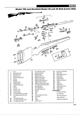 Model 780 and Glenfield Model 20 and 25 BoltmAction Rifle
Barrel
Barrel Retaining Pin
Breechbolt, Front
Breechbolt, Rear
Breechbolt Retaining Pin
Bullseye
Buttplate
Buttplate Screws
Buttplate Spacer
Cartridge Guide Spring
Ejector
Extractor
Firing Pin, Front
Firing Pin, Rear
Firing Pin Spring
Front Sight Assembly (Old Style)
Front Sight Binding Screw (Old
Style)
Front Sight Ramp Base
Front Sight Ramp Base Screws
Front Sight Ramp Hood
Front Sight Ramp Insert
Magazine Complete
Magazine Catch
Magazine Catch Pin
Magazine Catch Spring
Magazine Guard Plate
Magazine Guard Plate Screw
Magazine Receiver Catch
Magazine Receiver Catch Screw
Rear Sight Complete (New Style)
Rear Sight Base
Rear Sight Elevator
Rear Sight Folding Leaf
Receiver
Safety
Sear
Sear and Safety Pivot Screw
Sear Spring
Stock
Striker
Striker Cam Pin
42 Striker Knob (Old Style)
43 Striker Knob
44 Striker Retaining Screw
45 Striker Sleeve
46 Striker Spring
47 Takedown Screw
48 Takedown Screw Stud
49 Trigger
50 Trigger Pin
51 Trigger Guard
52 Trigger Guard Screws
53 Trigger Spring
54 Trigger Stud
Parts Not Shown
Rear Sight (Old Style)
Sear (Old Style)
Sear Spring (Old Style)
Trigger (Old Style)
Trigger Spring (Old Style)
 
