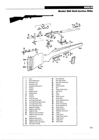 Model 880 Bolt-Action Rifle
1 Barrel 26 Rear Sight Base
2 Barrel Retaining Pin 27 Rear Sight Elevator
3 Breechbolt, Front 28 Rear Sight Folding Leaf
4 Breechbolt, Rear 29 Receiver
5 Breechbolt Assembly Pin 30 Safety Assembly
6 Bullseye 31 Sear
7 Buttpad 32 Trigger Safety Screws
8 Buttpad Screws 33 Sear Spring
9 Buttpad Spacer 34 Stock
10 Extractor 35 Striker
11 Firing Pin 36 Striker Cam Pin
12 Firing Pin Spring 37 Striker Knob
13 Front Sight Ramp Base 38 Striker Retaining Screw
14 Front Sight Ramp Base Screws 39 Striker Sleeve
15 Front Sight Ramp Hood 40 Striker Cam Bushing
16 Front Sight Ramp Insert 41 Striker Assembly Pin
17 Magazine Complete 42 Striker Spring
18 Magazine Guide Plate 43 Takedown Screw
19 Magazine Guide 44 Takedown Screw Stud
20 Magazine Latch and Ejector 45 Trigger
21 Magazine Guide and Latch 46 Trigger Guard
Assembly Pin 47 Trigger Guard Screws
22 Magazine Guide Screw 48 Trigger Spring
23 Magazine Guide Pivot Pin 49 Trigger Stud
24 Magazine Guide Plate Screws 50 Swivel Studs
25 Rear Sight Complete
 