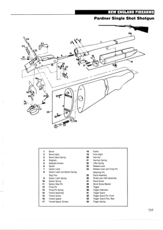 Pardner Single Shot Shotgun
Barrel
Barrel Catch
Barrel Catch Spring
Buttplate
Buttplate Screws
Ejector
Ejector Latch
Ejector Latch and Ejector Spring
Stop Pins
Ejector Latch Spring
Ejector Spring
Ejector Stop Pin
Firing Pin
Firing Pin Spring
Forend Assembly
Forend Screw
Forend Spacer
Forend Spacer Screws
Frame
Front Sight
Hammer
Hammer Spring
Lifter Spring
Release Lever
Release Lever and Firing Pin
Retaining Pin
Stock Assembly
Striker and Lifter Assembly
Stock Screw
Stock Screw Washer
Trigger
Trigger Extension
Trigger Guard
Trigger Guard Pin, Front
Trigger Guard Pins, Rear
Trigger Spring
 