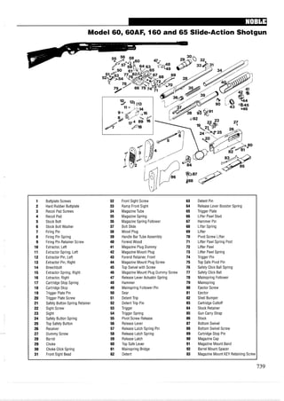Model 60, 60AF, I 6 0 and 65 SlidemAction Shotgun
1 Buttplate Screws 32 Front Sight Screw 63 Detent Pin
2 Hard Rubber Buttplate 33 Ramp Front Sight 64 Release Lever Booster Spring
3 Recoil Pad Screws 34 MagazineTube 65 Trigger Plate
4 Recoil Pad 35 Magazine Spring 66 Lifter Pawl Stud
5 Stock Bolt 36 Magazine Spring Follower 67 Hammer Pin
6 Stock Bolt Washer 37 Bolt Slide 68 Lifter Spring
7 Firing Pin 38 Wood Plug 69 Lifter
8 Firing Pin Spring 39 Handle Bar Tube Assembly 70 Pivot Screw Lifter
9 Firing Pin Retainer Screw 40 ForendWood 71 Lifter Pawl Spring Post
10 Extractor, Left 41 Magazine Plug Dummy 72 Lifter Pawl
11 Extractor Spring, Left 42 Magazine Mount Plug 73 Lifter Pawl Spring
12 Extractor Pin, Left 43 Forend Retainer, Front 74 Trigger Pin
13 Extractor Pin, Right 44 Magazine Mount Plug Screw 75 Top Safe Pivot Pin
14 Breechbolt 45 Top Swivel with Screw 76 Safety Click Ball Spring
15 Extractor Spring, Right 46 Magazine Mount Plug Dummy Screw 77 Safety Click Ball
16 Extractor, Right 47 Release Lever Actuator Spring 78 Mainspring Follower
17 Cartridge Stop Spring 48 Hammer 79 Mainspring
18 Cartridge Stop 49 Mainspring Follower Pin 80 Ejector Screw
19 Trigger Plate Pin 50 Sear 81 Ejector
20 Trigger Plate Screw 51 DetentTrip 82 Shell Bumper
21 Safety Button Spring Retainer 52 DetentTrip Pin 83 Cartridge Cuttoff
22 Sight Screw 53 Trigger 84 Stock Retainer
23 Sight 54 Trigger Spring 85 Gun Carry Strap
24 Safety Button Spring 55 Pivot Screw Release 86 Stock
25 Top Safety Button 56 Release Lever 87 Bottom Swivel
26 Receiver 57 Release Latch Spring Pin 88 Bottom Swivel Screw
27 Dummy Screw 58 Release Latch Spring 89 Cartridge Stop Pin
28 Barrel 59 Release Latch 90 Magazine Cap
29 Choke 60 Top Safe Lever 91 Magazine Mount Band
30 Choke Click Spring 61 Mainspring Bridge 92 Barrel Mount Spacer
31 Front Sight Bead 62 Detent 93 Magazine Mount KEY Retaining Screw
*
 