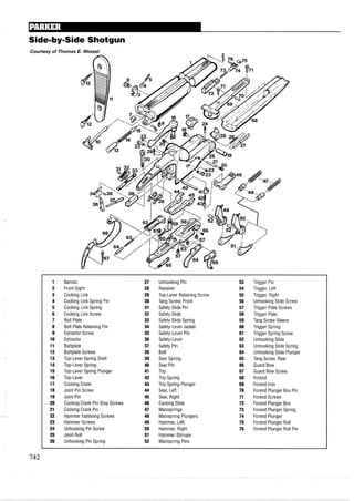 Side-by-Side Shotgun
Courtesy of Thomas E. Wessel
1 Barrels 27 Unhooking Pin 53 Trigger Pin
2 Front Sight 28 Receiver 54 Trigger, Left
3 Cocking Link 29 Top-Lever Retaining Screw 55 Trigger, Right
4 Cocking Link Spring Pin 30 Tang Screw, Front 56 Unhooking Slide Screw
5 Cocking Link Spring 31 Safety Slide Pin 57 Trigger Plate Screws
6 Cocking Link Screw 32 Safety Slide 58 Trigger Plate
7 Bolt Plate 33 Safety Slide Spring 59 Tang Screw Sleeve
8 Bolt Plate Retaining Pin 34 Safety-Lever Jacket 60 Trigger Spring
9 Extractor Screw 35 Safety-Lever Pin 61 Trigger Spring Screw
10 Extractor 36 Safety-Lever 62 Unhooking Slide
11 Buttplate 37 Safety Pin 63 Unhooking Slide Spring
12 Buttplate Screws 38 Bolt 64 Unhooking Slide Plunger
13 Top-Lever Spring Shell 39 Sear Spring 65 Tang Screw, Rear
14 Top-Lever Spring 40 Sear Pin 66 Guard Bow
15 Top-Lever Spring Plunger 41 Trip 67 Guard Bow Screw
16 Top-Lever 42 Trip Spring 68 Forend
17 Cocking Crank 43 Trip Spring Plunger 69 Forend Iron
18 Joint Pin Screw 44 Sear, Left 70 Forend Plunger Box Pin
19 Joint Pin 45 Sear, Right 71 Forend Screws
20 Cocking Crank Pin Stop Screws 46 Cocking Slide 72 Forend Plunger Box
21 Cocking Crank Pin 47 Mainsprings 73 Forend Plunger Spring
22 Hammer FasteningScrews 48 Mainspring Plungers 74 Forend Plunger
23 Hammer Screws 49 Hammer, Left 75 Forend Plunger Roll
24 Unhooking Pin Screw 50 Hammer, Right 76 Forend Plunger Roll Pin
25 Joint Roll 51 Hammer Stirrups
26 Unhooking Pin Spring 52 Mainspring Pins
 