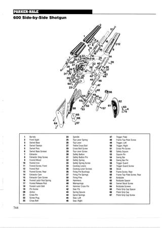 600 Side-by-Side Shotgun
1 Barrels 24 Spindle 47 Trigger Plate
2 Front Sight 25 Top-Lever Spring 48 Frame Top-Plate Screw
3 Swivel Base 26 Top-Lever 49 Trigger, Left
4 Swivel Clamps 27 Treble Cross Bolt 50 Trigger, Right
5 Swivel Pins 28 Cross Bolt Screw 51 Cross Pin Screw
6 Swivel Base Screws 29 Top-Lever Screw 52 Safety Square
7 Extractor 30 Safety Button 53 Square Pin
8 Extractor Stop Screw 31 Safety Button Pin 54 Swing Bar
9 ForendWood 32 Safety Spring 55 Swing Bar Pin
10 Forend Iron 33 Safety Spring Screw 56 Trigger Guard
11 Forend Screw, Front 34 Cocking Levers 57 Trigger Guard Screw
12 Forend Nut 35 Cocking Lever Screws 58 Stock
13 Forend Screw, Rear 36 Firing Pin Bushings 59 Frame Screw, Rear
14 Extractor Cam 37 Firing Pin Springs 60 Frame Top-Plate Screw, Rear
15 Extractor Cam Screw 38 Firing Pins 61 Buttplate
16 Forend Latch Rod Spring 39 Hammers 62 Buttplate Spacer
17 Forend Release Rod 40 Mainsprings 63 Swivel Stock Screw
18 Forend Latch Bolt 41 Hammer Cross Pin 64 Buttplate Screws
19 Pin Screw 42 Sear Pin 65 Pistol Grip Cap Spacer
20 Action 43 Spring Spouts 66 Pistol Grip Cap
21 Cross Pin 44 Spiral Springs 67 Pistol Grip Cap Screw
22 Screw Plug 45 Sear, Left
23 Cross Bolt 46 Sear, Right
 