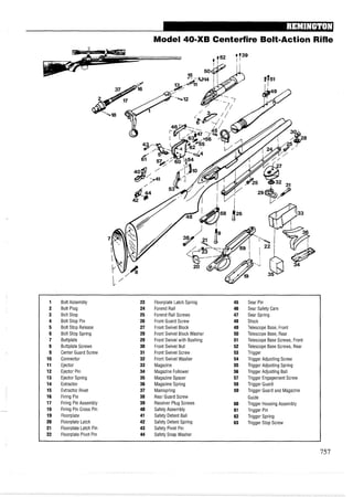 Model 40-XB Centerfire Bolt-Action Rifle
1 Bolt Assembly 23 Floorplate Latch Spring 45 Sear Pin
2 Bolt Plug 24 Forend Rail 46 Sear Safety Cam
3 Bolt Stop 25 Forend Rail Screws 47 Sear Spring
4 Bolt Stop Pin 26 Front Guard Screw 48 Stock
5 Bolt Stop Release 27 Front Swivel Block 49 Telescope Base, Front
6 Bolt Stop Spring 28 Front Swivel Block Washer 50 Telescope Base, Rear
7 Buttplate 29 Front Swivel with Bushing 51 Telescope BaseScrews, Front
8 Buttplate Screws 30 Front Swivel Nut 52 Telescope Base Screws, Rear
9 Center Guard Screw 31 Front Swivel Screw 53 Trigger
10 Connector 32 Front Swivel Washer 54 Trigger Adjusting Screw
11 Ejector 33 Magazine 55 Trigger Adjusting Spring
12 Ejector Pin 34 Magazine Follower 56 Trigger Adjusting Ball
13 Ejector Spring 35 MagazineSpacer 57 Trigger Engagement Screw
14 Extractor 36 MagazineSpring 58 Trigger Guard
15 Extractor Rivet 37 Mainspring 59 Trigger Guard and Magazine
16 Firing Pin 38 Rear Guard Screw Guide
17 Firing Pin Assembly 39 Receiver Plug Screws 60 Trigger Housing Assembly
18 Firing Pin Cross Pin 40 Safety Assembly 61 Trigger Pin
19 Floorplate 41 Safety Detent Ball 62 Trigger Spring
20 Floorplate Latch 42 Safety Detent Spring 63 Trigger Stop Screw
21 Floorplate Latch Pin 43 Safety Pivot Pin
22 Floorplate Pivot Pin 44 Safety Snap Washer
 