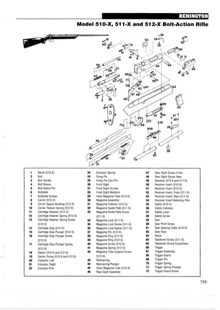 Model 510-X, 511-X and 512-X BoltmAction Rifle
1 Barrel (510-X) 23 Extractor Spring 47 Rear Sight Screw, Front
2 Bolt 24 Firing Pin 48 Rear Sight Screw, Rear
3 Bolt Handle 25 Firing Pin Cam Pin 49 Receiver(510-X and 511-X)
4 Bolt Sleeve 26 Front Sight 50 Receiver Insert (510-X)
5 Bolt Sleeve Pin 27 Front Sight Screws 51 Receiver Insert (512-X)
6 Buttplate 28 Front Sight Washers 52 Receiver Insert, Front (511-X)
7 Buttplate Screws 29 Inner MagazineTube (512-X) 53 Receiver Insert, Rear (511-X)
8 Carrier (512-X) 30 MagazineAssembly 54 Receiver Insert Retaining Pins
9 Carrier Spacer Bushing (512-X) 31 Magazine Follower (512-X) 55 Safety (510-X)
10 Carrier Tension Spring (512-X) 32 Magazine Guide Plate (511-X) 56 Safety Indicator
11 Cartridge Retainer (512-X) 33 Magazine Guide Plate Screw 57 Safety-Lever
12 Cartridge Retainer Spring (512-X) (511-X) 58 Safety Screw
13 Cartridge Retainer Spring Screw 34 Magazine Lock (511-X) 59 Sear
(512-X) 35 Magazine Lock Screw (511-X) 60 Sear Pivot Screw
14 Cartridge Stop (512-X) 36 Magazine Lock Spacer (511-X) 61 Sear Spacing Collar (510-X)
15 Cartridge Stop Plunger (512-X) 37 Magazine Pin (512-X) 62 Sear Stud
16 Cartridge Stop Plunger Screw 38 Magazine Plug (512-X) 63 Stock
(512-X) 39 Magazine Ring (512-X) 64 Takedown Screw (511-X)
17 Cartridge Stop Plunger Spring 40 MagazineScrew (512-X) 65 Takedown Screw Escutcheon
(512-X) 41 MagazineSpring (512-X) 66 Trigger
18 Ejector (510-X and 512-X) 42 MagazineTube Support Screw 67 Trigger Assembly
19 Ejector Screw (510-X and 512-X) (512-X) 68 Trigger Guard
20 Extractor, Left 43 Mainspring 69 Trigger Pin
21 Extractor, Right 44 Mainspring Plunger 70 Trigger Spring
22 Extractor Pins 45 Outer MagazineTube (512-X) 71 Trigger Spring Plunger
46 Rear Sight Assembly 72 Trigger Guard Screw
 