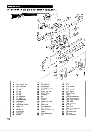 Model 540-X Single Shot Bolt-Action Rifle
1 Barrel 21 Floorplate 40 Sear Pin
2 Barrel Assembly Pins 22 Floorplate Screw 41 Stock
3 Barrel Plug Screws 23 Front Sight Base 42 Striker Assembly
4 Bolt Assembly Pin 24 Front Sight Base Screws 43 Striker
5 Bolt Body 25 Housing Pin 44 Striker Cross Pin
6 Bolt Head 26 Housing Lock Screw 45 Striker Washer
7 Bolt Plug 27 Loading Platform 46 Takedown Screws
8 Bolt Stop 28 Mainspring 47 Trigger
9 Bolt Stop Release 29 Rail 48 Trigger Adjustment Screw
10 Bolt Stop Spring 30 Rail Screws 49 Trigger Adjustment Spring
11 Buttplate Assembly 31 Receiver 50 Trigger Engagement Screw
12 Buttplate Base 32 Receiver Plug Screws 51 Trigger Guard
13 Buttplate Plate Screws 33 Safety 52 Trigger Guard Screw
14 Buttplate Tube Assembly 34 Safety Detent 53 Trigger Pin
15 Cocking Piece 35 Safety Detent Spring 54 Trigger Spring
16 Ejector 36 Safety Pivot Pin 55 Trigger Spring Retaining Pin
17 Extractor, Left 37 Safety Pivot Pin Retaining 56 Trigger Stop Screw
18 Extractor, Right Washer 57 Tube Clamp Screws
19 Extractor Spring 38 Safety Retainer Screw 58 Tube Screw
20 Firing Pin 39 Sear 59 Tube Screw Washer
 