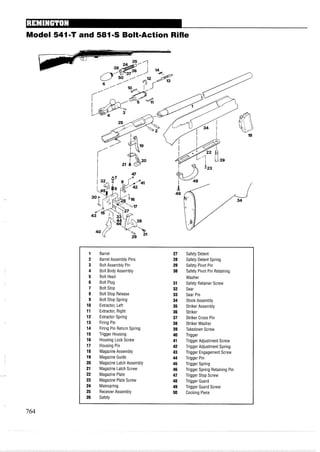Model 541=Tand 5811s Bolt-Action Rifle
1 Barrel 27 Safety Detent
2 Barrel Assembly Pins 28 Safety Detent Spring
3 Bolt Assembly Pin 29 Safety Pivot Pin
4 Bolt Body Assembly 30 Safety Pivot Pin Retaining
5 Bolt Head Washer
6 Bolt Plug 31 Safety Retainer Screw
7 Bolt Stop 32 Sear
8 Bolt Stop Release 33 Sear Pin
9 Bolt Stop Spring 34 Stock Assembly
10 Extractor, Left 35 Striker Assembly
11 Extractor, Right 36 Striker
12 Extractor Spring 37 Striker Cross Pin
13 Firing Pin 38 Striker Washer
14 Firing Pin Return Spring 39 Takedown Screw
15 Trigger Housing 40 Trigger
16 Housing Lock Screw 41 Trigger Adjustment Screw
17 Housing Pin 42 Trigger Adjustment Spring
18 MagazineAssembly 43 Trigger EngagementScrew
19 Magazine Guide 44 Trigger Pin
20 Magazine Latch Assembly 45 Trigger Spring
21 Magazine Latch Screw 46 Trigger Spring Retaining Pin
22 Magazine Plate 47 Trigger Stop Screw
23 Magazine Plate Screw 48 Trigger Guard
24 Mainspring 49 Trigger Guard Screw
25 ReceiverAssembly 50 Cocking Piece
26 Safety
 