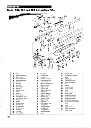 Model 580, 581 and 582 Bolt-Action Rifle
1 Barrel 26 Front Sight 51 Safety Pivot Pin
2 Barrel Assembly Pins 27 Trigger Housing 52 Safety Pivot Pin Retaining
3 Barrel Bracket 28 Housing Pin Washer
4 Bolt Assembly Pin 29 Housing Lock Screw 53 Safety Plunger
5 Body Bolt Assembly 30 Inner Magazine Tube 54 Safety Plunger Spring
6 Bolt Head 31 Loading Platform 55 Safety Retaining Screw
7 Bolt Plug 32 Magazine Assembly (581) 56 Sear
8 Bolt Stop 33 Magazine Follower 57 Sear Pin
9 Bolt Stop Spring 34 Magazine Guide 58 Stock Assembly
10 Buttplate 35 Magazine Latch 59 Striker Assembly
11 Buttplate Screws 36 Magazine Latch Screw 60 Striker
12 Carrier 37 Magazine Pin 61 Striker Cross Pin
13 Carrier Pin 38 Magazine Plate (581) 62 Striker Washer
14 Carrier Spring 39 Magazine Plate Screw 63 Takedown Screw (580)
15 Cartridge Feed Insert 40 Magazine Plug 64 Takedown Screw (581)
16 Cartridge Feed Insert Pin 41 Magazine Spring 65 Takedown Screw (582)
17 Cocking Piece 42 Magazine Ring 66 Takedown Screw Escutcheon
18 Ejector 43 Mainspring 67 Takedown Screw Escutcheon
19 ElevationScrew 44 Outer MagazineTube
20 Extractor, Left 45 Rear Sight Base
(582)
68 Trigger
21 Extractor, Right 46 Rear Sight Aperture 69 Trigger Guard
22 Extractor Spring 47 Rear Sight Leaf 70 Trigger Guard Screw
23 Firing Pin 48 Rear Sight Screw 71 Trigger Spring
24 Floorplate 49 ReceiverAssembly
25 Floorplate Screw 50 Safety
 