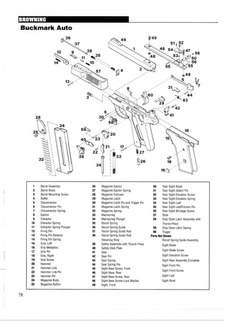 Buckmark Auto
1 Barrel Assembly 26 Magazine Ejector 50 Rear Sight Blade
2 Barrel Block 27 Magazine Ejector Spring 51 Rear Sight Detent Pin
3 Barrel Mounting Screw 28 Magazine Follower 52 Rear Sight Elevation Screw
4 Buffer 29 Magazine Latch 53 Rear Sight Elevation Spring
5 Disconnector 30 Magazine Latch Pin and Trigger Pin 54 Rear Sight Leaf
6 Disconnector Pin 31 Magazine Latch Spring 55 Rear Sight LeafIFriction Pin
7 Disconnector Spring 32 Magazine Spring 56 Rear Sight Windage Screw
8 Ejector 33 Mainspring 57 Slide
9 Extractor 34 Mainspring Plunger 58 Stop Open Latch Assembly with
10 Extractor Spring 35 Recoil Spring Thumb-Piece
11 Extractor Spring Plunger 36 Recoil Spring Guide 59 Stop Open Latch Spring
12 Firing Pin 37 Recoil Spring Guide Rod 60 Trigger
13 Firing Pin Retainer 38 Recoil Spring Guide Rod Parts Not Shown
14 Firing Pin Spring Retaining Ring Recoil Spring Guide Assembly
15 Grip, Left 39 Safety Assembly with Thumb-Piece Sight Blade
16 Grip Medallion 40 Safety Click Plate
17 Grip Pin 41 Sear Sight Blade Screw
18 Grip, Right 42 Sear Pin Sight Elevation Screw
19 Grip Screw 43 Sear Spring Sight Rear Assembly Complete
20 Hammer 44 Sear Spring Pin Sight Front Pin
21 Hammer Link 45 Sight Base Screw, Front
22 Hammer Link Pin Sight Front Screw
46 Sight Base, Rear
23 Hammer Pin 47 Sight Base Screw, Rear Sight Leaf
24 Magazine Body 48 Sight Base Screw-Lock Washer Sight Rivet
25 Magazine Button 49 Sight, Front
 