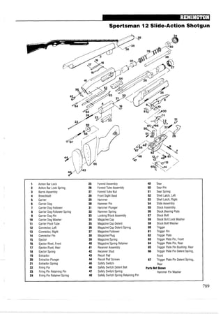 Sportsman 12 Slide-Action Shotgun
1 Action Bar Lock 25 ForendAssembly 49 Sear
2 Action Bar Lock Spring 26 ForendTube Assembly 50 Sear Pin
3 Barrel Assembly 27 ForendTube Nut 51 Sear Spring
4 Breechbolt 28 Front Sight Bead 52 Shell Latch, Left
5 Carrier 29 Hammer 53 Shell Latch, Right
6 Carrier Dog 30 Hammer Pin 54 Slide Assembly
7 Carrier Dog Follower 31 Hammer Plunger 55 Stock Assembly
8 Carrier Dog Follower Spring 32 Hammer Spring 56 Stock Bearing Plate
9 Carrier Dog Pin 33 Locking Block Assembly 57 Stock Bolt
10 Carrier Dog Washer 34 MagazineCap 58 Stock Bolt Lock Washer
11 Carrier Pivot Tube 35 Magazine Cap Detent 59 Stock Bolt Washer
12 Connector, Left 36 MagazineCap Detent Spring 60 Trigger
13 Connector, Right 37 Magazine Follower 61 Trigger Pin
14 Connector Pin 38 Magazine Plug 62 Trigger Plate
15 Ejector 39 MagazineSpring 63 Trigger Plate Pin, Front
16 Ejector Rivet, Front 40 Magazine Spring Retainer 64 Trigger Plate Pin, Rear
17 Ejector Rivet, Rear 41 ReceiverAssembly 65 Trigger Plate Pin Bushing, Rear
18 Ejector Spring 42 ReceiverStud 66 Trigger Plate Pin Detent Spring,
19 Extractor 43 Recoil Pad Front
20 Extractor Plunger 44 Recoil Pad Screws 67 Trigger Plate Pin Detent Spring,
21 Extractor Spring 45 Safety Switch Rear
22 Firing Pin 46 Safety Switch Detent Ball Parts Not Shown
23 Firing Pin Retaining Pin 47 Safety Switch Spring Hammer Pin Washer
24 Firing Pin Retainer Spring 48 Safety Switch Spring Retaining Pin
 