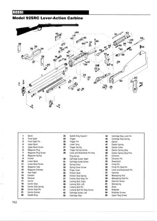 Model 92SRC Lever-ActionCarbine
1 Barrel 23 Saddle Ring Support 44 Cartridge Stop Joint Pin
2 Front Sight 24 Trigger 45 Cartridge Stop Spring
3 Front Sight Pin 25 Trigger Pin 46 Ejector
4 Upper Band 26 Lower Tang 47 Ejector Spring
5 Upper Band Screw 27 Trigger Spring 48 Ejector Collar
6 Magazine Plug 28 Trigger Spring Screw 49 Ejector Spring Stop
7 Magazine Plug Screw 29 Lever and Breechbolt Pin Hole 50 Ejector Spring Stop Pins
8 Magazine Spring Plug Screw 51 Extractor
9 Forend 30 Cartridge Guide, Right 52 Extractor Pin
10 Lower Band 31 Cartridge Guide Screw 53 Breechbolt
11 Lower Band Screw 32 Spring Cover 54 Firing Pin
12 MagazineTube 33 Spring Cover Screw 55 Firing Pin Stop Pin
13 Magazine Follower 34 Finger Lever 56 Lever and Breechbolt Pin
14 Rear Sight 35 Friction Stud 57 Hammer
15 Elevator 36 Friction Stud Spring 58 Mainspring Rod
16 Receiver 37 Friction Stud Stop Pin 59 Mainspring Rod Pin
17 Carrier 38 Locking Bolt, Right 60 Hammer Screw
18 Carrier Stop 39 Locking Bolt, Left 61 Mainspring
19 Carrier Stop Spring 40 Locking Bolt Pin 62 Stock
20 Carrier Stop Pin 41 Locking Bolt Pin Stop Screw 63 Buttplate
21 Carrier Screws 42 Cartridge Guide, Left 64 Buttplate Screws
22 Saddle Ring 43 Cartridge Stop 65 Upper Tang Screw
 