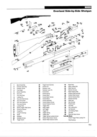 Overland Side-by-SideShotgun
Barrel Assembly
Extractor Assembly
Extractor Screw
Front Sight
Breech Assembly
Top Lever
Top Lever Stud
Locking Pin
Top Lever Stud Screw
Top Lever Screw
Top Lever Spring Pin
Top Lever Spring
Locking Plate
BreechTrigger Plate Screw
Firing Pin Carriers
Firing Pins
Firing Pin Springs
Stock
Buttplate
Buttplate Screws
Trigger Guard
Trigger Guard Screws
Forend Iron
Extractor Lever
Extractor Lever Pin
Forend Rod
Forend Spring
Forend Catch
Forend Catch Screws
Forend Wood
ForendAssembly
ForendAnterior Screw
Forend Posterior Screw
Trigger Plate
Right Trigger
Left Trigger
Trigger Pin
Trigger Spring
Trigger Nuts
Trigger Spring Locking Screws
Breech Plate Anterior Screw
Breech Plate Posterior Screw
43 Right Plate
44 Right Locking Nut
45 Right Hammer
46 Hammer Screws
47 Right Holding Plate
48 Holding Plate Bushings
49 Holding Plate Screws
50 Hammer Spring Rods
51 Hammer Springs
52 Right Sear
53 Sear Springs
54 Plate Screws
55 Left Plate
56 Left Locking Nut
57 Left Hammer
58 Left Holding Plates
59 Left Sear
60 Plate and Stock Screw
Parts Not Shown
BreechTrigger Plate Locking Pin
Plate Bushing
 