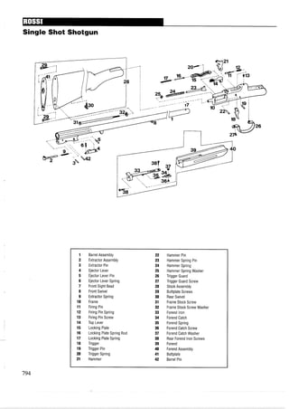 Single Shot Shotgun
1 Barrel Assembly 22 Hammer Pin
2 Extractor Assembly 23 Hammer Spring Pin
3 Extractor Pin 24 Hammer Spring
4 Ejector Lever 25 Hammer Spring Washer
5 Ejector Lever Pin 26 Trigger Guard
6 Ejector Lever Spring 27 Trigger Guard Screw
7 Front Sight Bead 28 Stock Assembly
8 Front Swivel 29 Buttplate Screws
9 Extractor Spring 30 Rear Swivel
10 Frame 31 Frame Stock Screw
11 Firing Pin 32 Frame Stock Screw Washer
12 Firing Pin Spring 33 Forend Iron
13 Firing Pin Screw 34 Forend Catch
14 TopLever 35 Forend Spring
15 Locking Plate 36 Forend Catch Screw
16 Locking Plate Spring Rod 37 Forend Catch Washer
17 Locking Plate Spring 38 Rear Forend Iron Screws
18 Trigger 39 Forend
19 Trigger Pin 40 Forend Assembly
20 Trigger Spring 41 Buttplate
21 Hammer 42 Barrel Pin
 