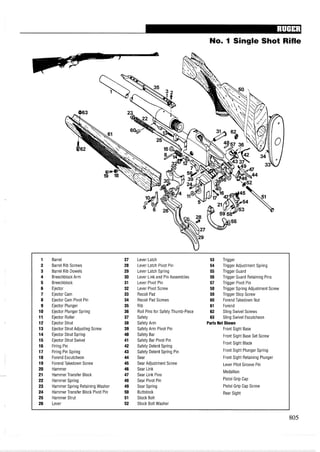 No. I Single Shot Rifle
1 Barrel 27 Lever Latch 53 Trigger
2 Barrel Rib Screws 28 Lever Latch Pivot Pin 54 Trigger Adjustment Spring
3 Barrel Rib Dowels 29 Lever Latch Spring 55 Trigger Guard
4 Breechblock Arm 30 Lever Link and Pin Assemblies 56 Trigger Guard Retaining Pins
5 Breechblock 31 Lever Pivot Pin 57 Trigger Pivot Pin
6 Ejector 32 Lever Pivot Screw 58 Trigger Spring Adjustment Screw
7 Ejector Cam 33 Recoil Pad 59 Trigger Stop Screw
8 Ejector Cam Pivot Pin 34 Recoil Pad Screws 60 Forend Takedown Nut
9 Ejector Plunger 35 Rib 61 Forend
10 Ejector Plunger Spring 36 Roll Pins for Safety Thumb-Piece 62 Sling Swivel Screws
11 Ejector Roller 37 Safety 63 Sling Swivel Escutcheon
12 Ejector Strut 38 Safety Arm Parts Not Shown
13 Ejector Strut Adjusting Screw 39 Safety Arm Pivot Pin Front Sight Base
14 Ejector Strut Spring 40 Safety Bar Front Sight Base Set Screw
15 Ejector Strut Swivel 41 Safety Bar Pivot Pin
16 Firing Pin 42 Safety Detent Spring
Front Sight Blade
17 Firing Pin Spring 43 Safety Detent Spring Pin Front Sight Plunger Spring
18 Forend Escutcheon 44 Sear Front Sight Retaining Plunger
19 Forend Takedown Screw 45 Sear Adjustment Screw Lever Pilot Groove Pin
20 Hammer 46 Sear Link
Medallion
21 Hammer Transfer Block 47 Sear Link Pins
22 Hammer Spring 48 Sear Pivot Pin Pistol Grip Cap
23 Hammer Spring Retaining Washer 49 Sear Spring Pistol Grip Cap Screw
24 Hammer Transfer Block Pivot Pin 50 Buttstock Rear Sight
25 Hammer Strut 51 Stock Bolt
26 Lever 52 Stock Bolt Washer
 