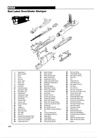 Red Label OverIUnder Shotgun
1 Trigger Guard 30 Ejector Plungers 58 Top Lever Spring
2 Barrel Assembly 31 Ejector Springs 59 Inertia Weight Spring
3 Stock 32 Ejector Spring Guides 60 Sear Selector Actuator
4 Forend 33 Safety Thumb-Piece 61 Recoil Pad
5 Top Lever 34 Cocking Cam Pivot Pin 62 Link
6 Ejector, Right 35 Trigger Guard Retaining Pin 63 Trigger Stop Pin
7 Ejector, Left 36 Blocking Bar Retaining Pin 64 Link Retaining Pin
8 Locking Bolt 37 Stock Bolt 65 Sear Selector Pivot Pin
9 Firing Pins 38 Stock Bolt Washer 66 Front Sight
10 Firing Pin Springs 39 Safety Detent Plunger 67 Top LeverTrip
11 Sear Ejector, Right 40 Forend Latch Lever Pin 68 Top LeverTrip Plunger
12 Sear Ejector, Left 41 Forend Latch Spring 69 Top LeverTrip Plunger Spring
13 Cocking Rods 42 Sear Spring 70 Forend Latch Plunger
14 Cocking Cam, Right 43 Hammer Pivot Pin 71 Hammer Interrupter
15 Cocking Cam, Left 44 Cocking Cam Springs 72 Forend Filler Block, Right
16 Sear Selector 45 Cocking Cam Sleeves 73 Forend Filler Block, Left
17 Hammer, Right 46 Ejector Sear Plungers 74 Forend Iron Sub-Assembly
18 Hammer, Left 47 Ejector Sear Plunger Springs 75 Forend Filler Screws
19 Hammer Springs 48 Forend Iron Escutcheon Screw 76 Interrupter Plunger Spring
20 Trigger 49 Blocking Bar 77 Recoil Pad Screws
21 Trigger Pin 50 Sear Selector Pivot Pin 78 Interrupter Plunger
22 Sear Pivot Pin 51 Sear Selector Actuator Retaining 79 Pistol Grip Cap
23 Barrel Filler Strip Pin 80 Pistol Grip Cap Screw
24 Sear, Right 52 Firing Pin Retaining Pin 81 Pistol Grip Cap Medallion
25 Sear, Left 53 InertiaWeight Pivot Pins 82 Forend Escutcheon Medallion
26 Hammer Strut Assembly, Right 54 Safety Block 83 Receiver
27 Hammer Strut Assembly, Left 55 Inertia Weight 84 Safety Thumb-Piece Detent
28 Forend Iron Escutcheon 56 Safety Detent Springs 85 SafetyThumb-Piece Detent
29 Forend Latch Lever 57 Top Lever Spring Strut Spring
 