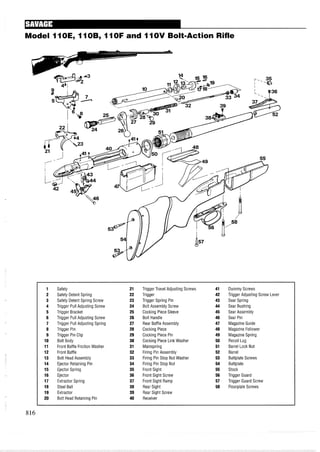 Model 11OEy 11OBy 11OF and 11OV Bolt-Action Rifle
1 Safety 21 Trigger Travel Adjusting Screws 41 Dummy Screws
2 Safety Detent Spring 22 Trigger 42 Trigger Adjusting Screw Lever
3 Safety Detent Spring Screw 23 Trigger Spring Pin 43 Sear Spring
4 Trigger Pull Adjusting Screw 24 Bolt Assembly Screw 44 Sear Bushing
5 Trigger Bracket 25 Cocking Piece Sleeve 45 Sear Assembly
6 Trigger Pull Adjusting Screw 26 Bolt Handle 46 Sear Pin
7 Trigger Pull Adjusting Spring 27 Rear Baffle Assembly 47 Magazine Guide
8 Trigger Pin 28 Cocking Piece 48 Magazine Follower
9 Trigger Pin Clip 29 Cocking Piece Pin 49 Magazine Spring
10 Bolt Body 30 Cocking Piece Link Washer 50 Recoil Lug
11 Front Baffle Friction Washer 31 Mainspring 51 Barrel Lock Nut
12 Front Baffle 32 Firing Pin Assembly 52 Barrel
13 Bolt HeadAssembly 33 Firing Pin Stop Nut Washer 53 Buttplate Screws
14 Ejector Retaining Pin 34 Firing Pin Stop Nut 54 Buttplate
15 Ejector Spring 35 Front Sight 55 Stock
16 Ejector 36 Front Sight Screw 56 Trigger Guard
17 Extractor Spring 37 Front Sight Ramp 57 Trigger Guard Screw
18 Steel Ball 38 Rear Sight 58 Floorplate Screws
19 Extractor 39 Rear Sight Screw
20 Bolt Head Retaining Pin 40 Receiver
 