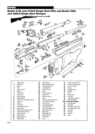 Model 219L and 219LD Single Shot Rifle and Model 22OL
and 220LD Single Shot Shotgun
1 Trigger Spring 23 Safety Spring 45 Forend Iron Stop Screw
2 Sear Spring 24 Safety Adjusting Screw 46 Forend Iron Head Screws
3 Trigger 25 Trigger Bracket Pins 47 Forend Iron Head
4 Sear 26 Locking Bolt Pin 48 Forend
5 Hammer Spacer 27 Firing Pin Screw 49 Buttplate Screws
6 Hammer 28 Frame 50 Buttplate
7 Cocking Lever 29 Extractor Stop Pin 51 Stock
8 Safety-Lever 30 Ejector Hook 52 Forend Screw
9 Hammer Spring 31 Extractor Lever Pin 53 Stock Bolt
10 Trigger Bracket 32 Barrel 54 Stock Bolt Lock Washer
11 Hammer Pin and Safety-Lever Pin 33 Forend Spring Housing Screw 55 Stock Bolt Washer
12 Trigger Pin 34 Forend Spring Housing Partsfor 2191and 21910 Only
13 Sear Pin 35 Forend Spring 56 Rear Sight Step
14 Front Sight 36 Forend Spring Spring 57 Rear Sight
15 Safety Slide Spring Pin 37 Forend Spring Pin 58 Front Sight Screw, Short
16 Safety Button 38 Forend Spring Spring Pin 59 Front Sight Screw, Long
17 Cocking Plunger Spring Screw 39 Safety Slide Spring 60 Front Sight
18 Cocking Plunger Spring 40 Safety Slide 61 Extractor
19 Cocking Plunger 41 Safety Slide Rivet 62 Firing Pin
20 Ejector Spring 42 Safety Slide Arm 63 Barrel
21 Ejector Starter Pin 43 Locking Bolt
22 Safety Washer 44 Lever
 